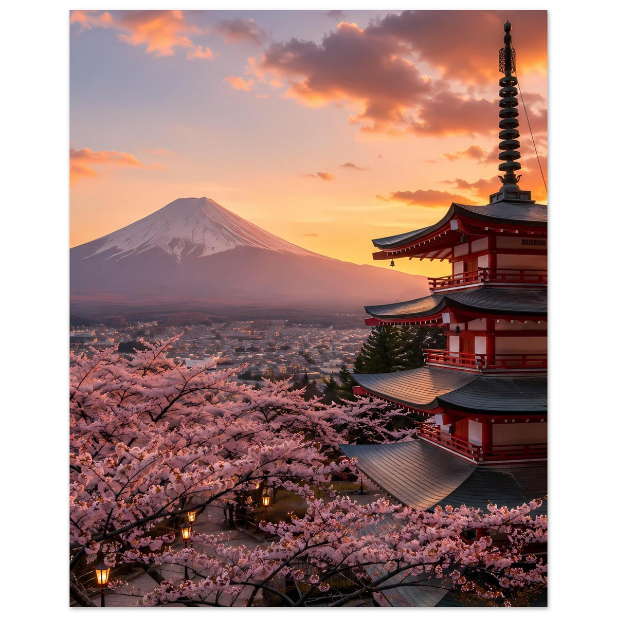 Vertikales japanisches Poster mit Kirschblüten, Berg Fuji und Pagode bei Sonnenuntergang
