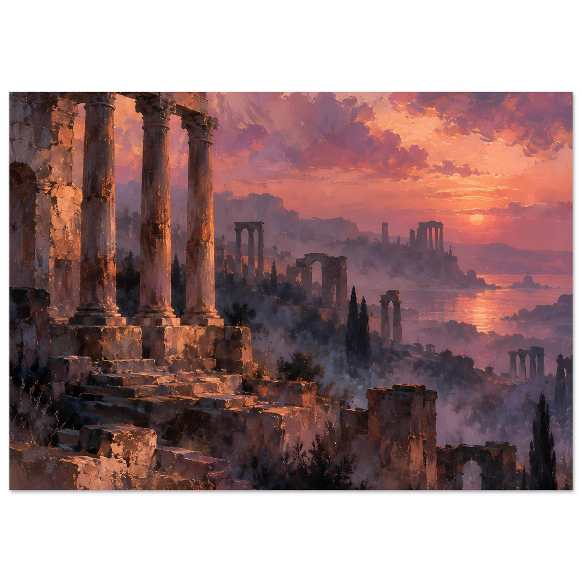 Poster mit antiken Ruinen im Sonnenuntergang, orange-violett