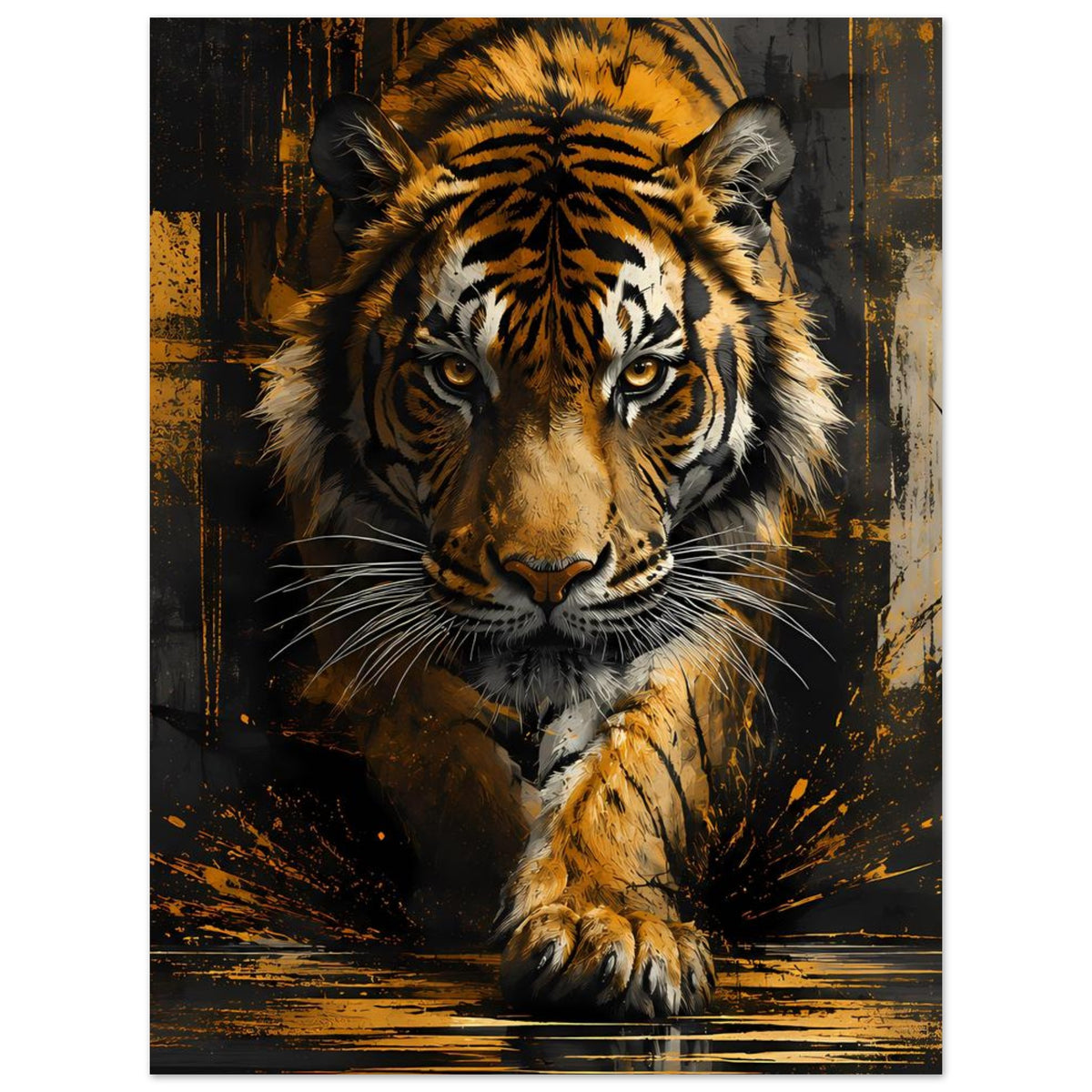 Tigerporträt-Poster mit goldgelbem Fell und schwarz-gelben Streifen, blickt nach vorn