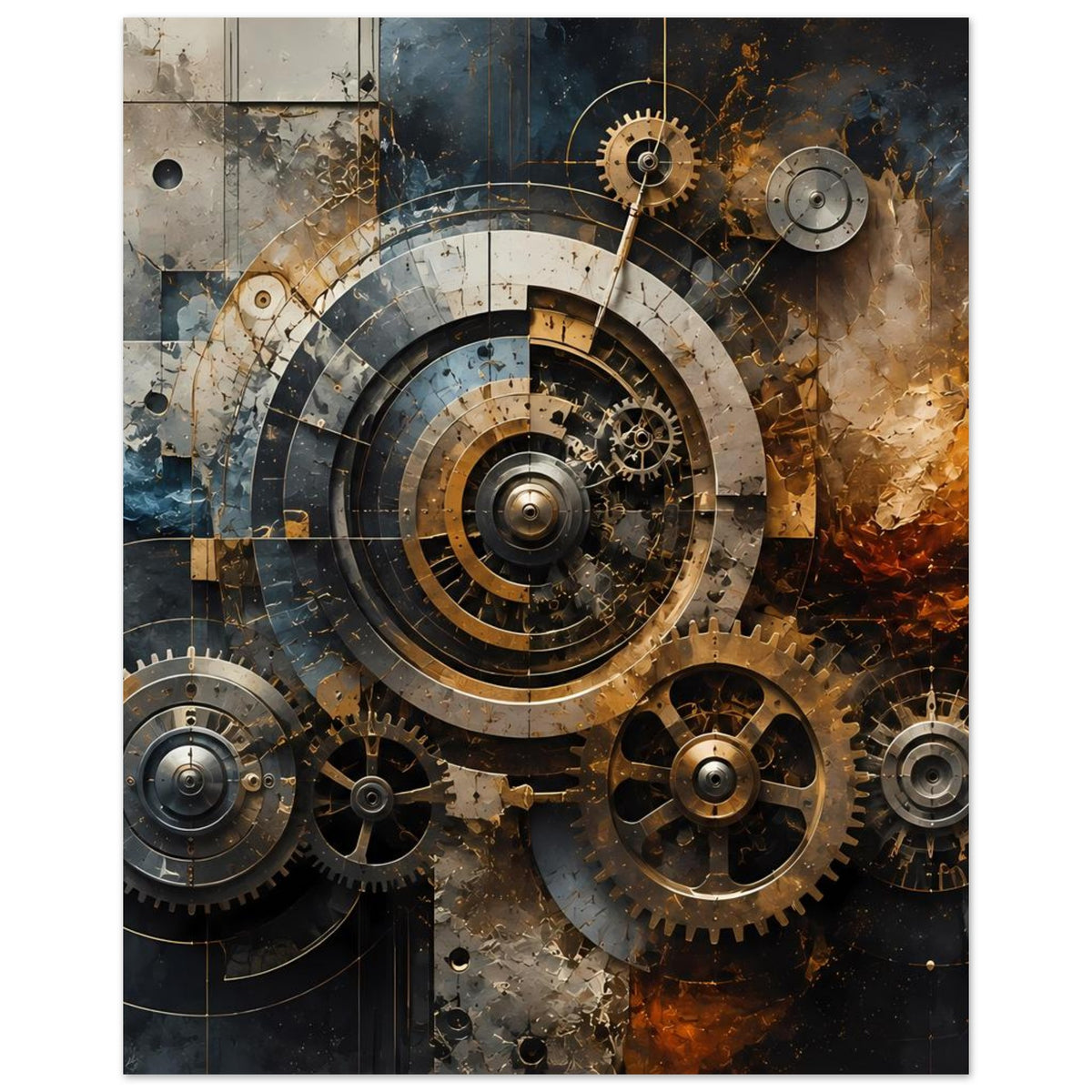 Steampunk-Gear-Poster: zentrales Uhrwerk mit konzentrischen Ringen und Metallzahnrädern