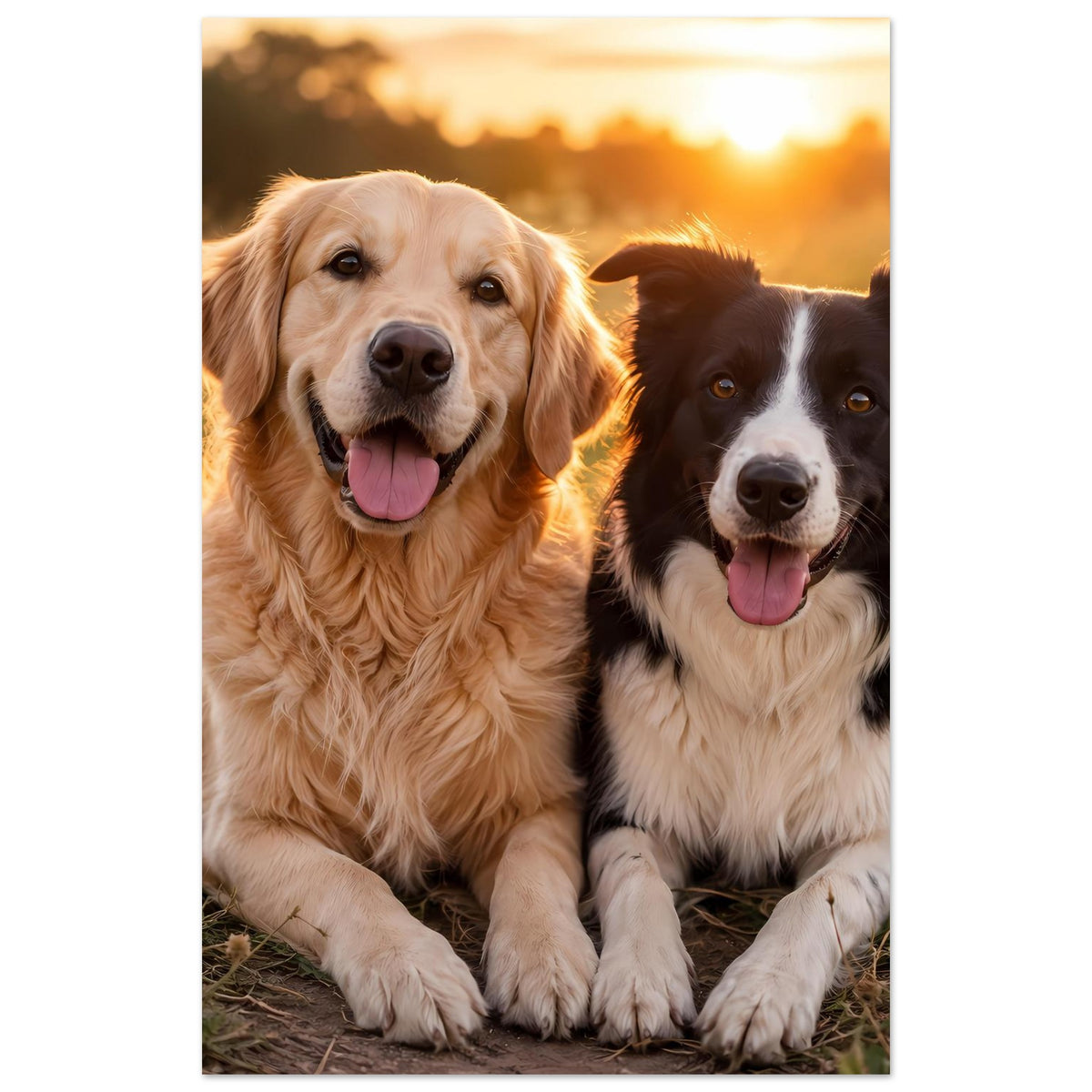Poster mit Hunde-Porträt im Hochformat: goldener Hund und schwarzer Hund vor warmem Hintergrund