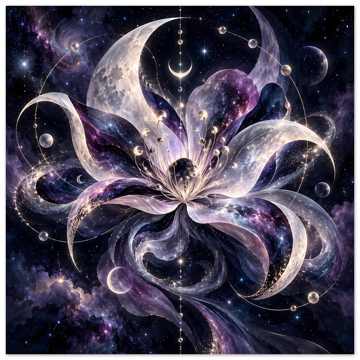 Kosmische Blüte mit Monden, Planeten und Sternen in violett-blauem Weltraum – Motivansicht 1