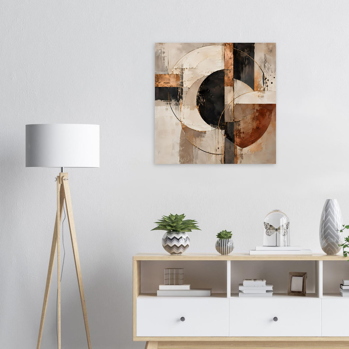 Abstraktes Kunstposter mit geometrischen Kreisen, Rechtecken und warmen Braun- und Creme-Tönen