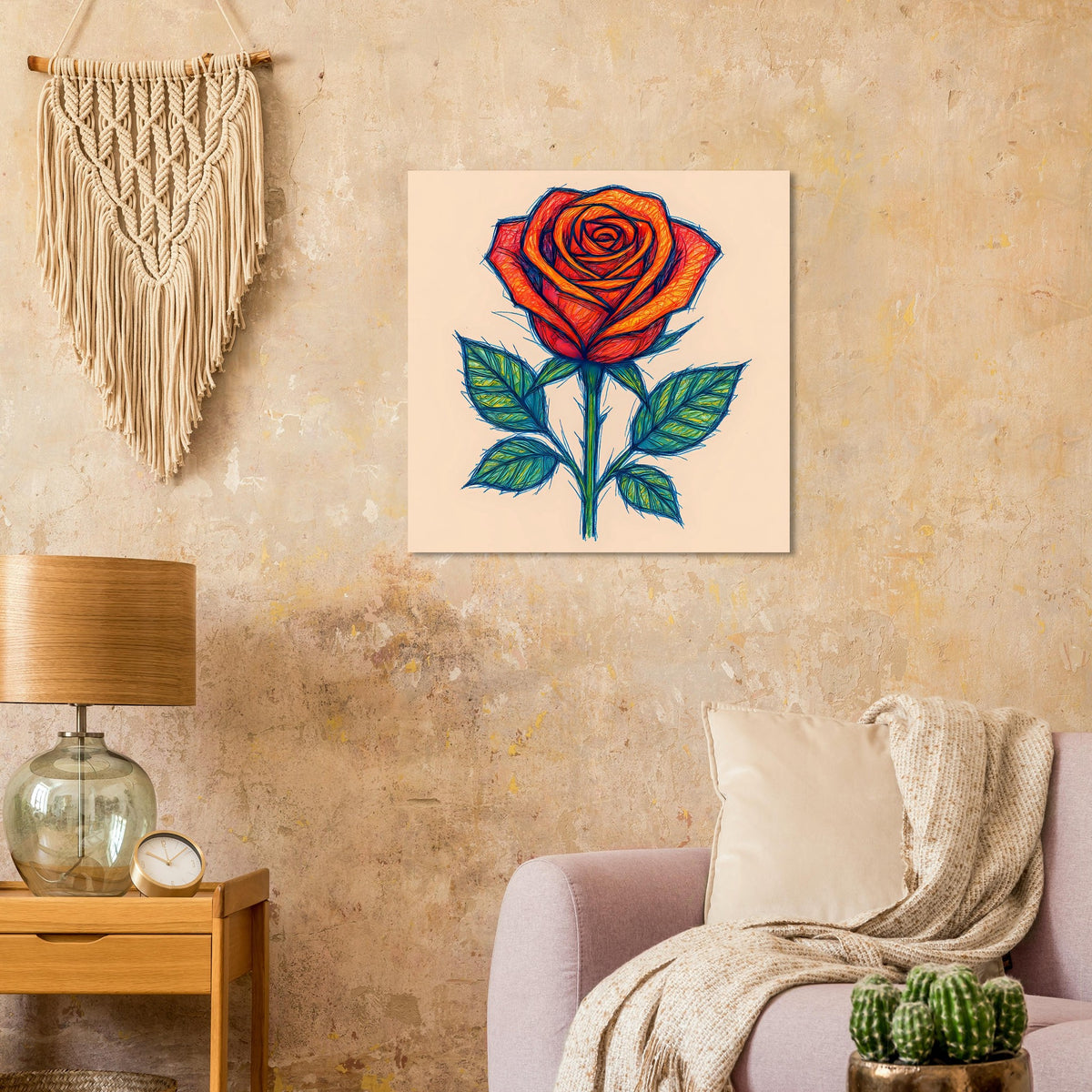 Gerahmtes Poster mit roter Rose im Skizzenstil, grünen Blättern und orangefarbener Mitte