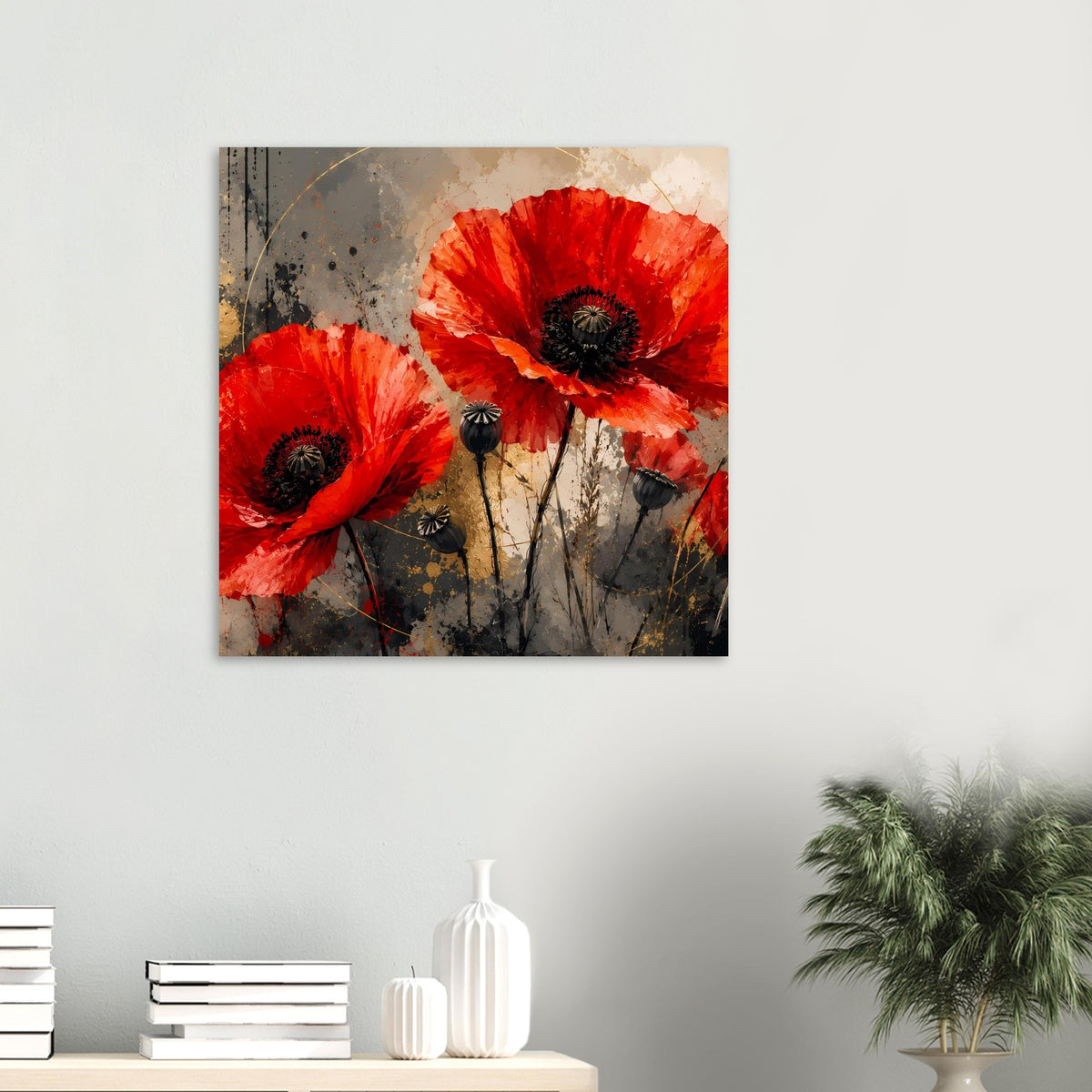 Quadratisches Wandposter mit roten Mohnblumen auf beigem Vintage-Hintergrund.