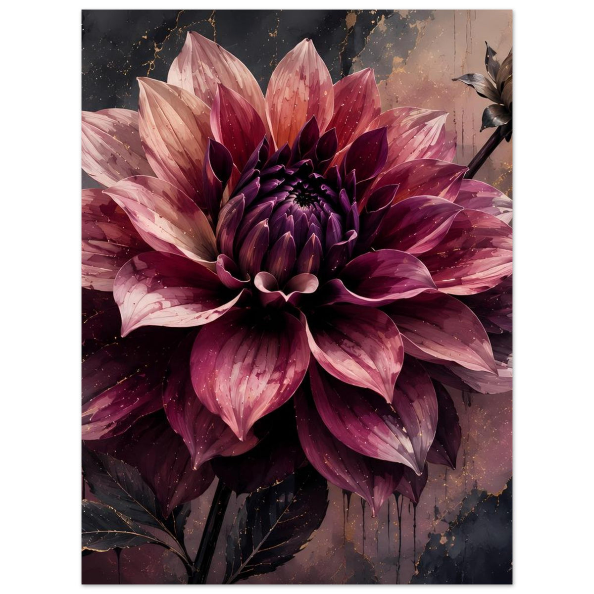 Blumenposter mit dunkelvioletter Dahlie und goldenen Adern, weiße Akzente auf Blütenblättern