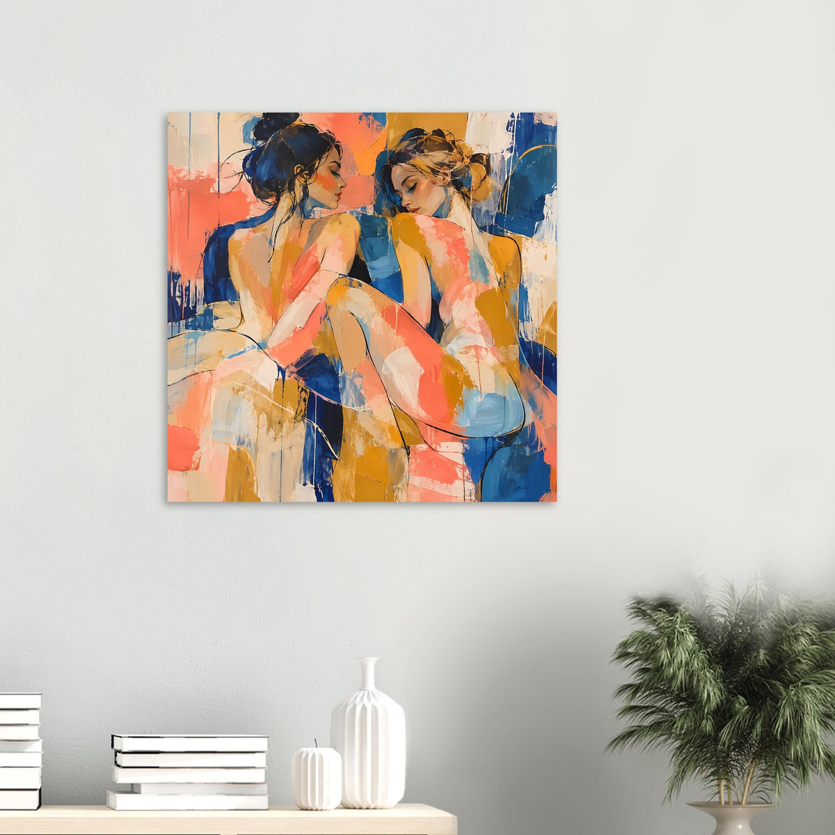 Kleines abstraktes Kunstposter mit zwei Frauenfiguren, Blau- und Koralltöne, Querformat