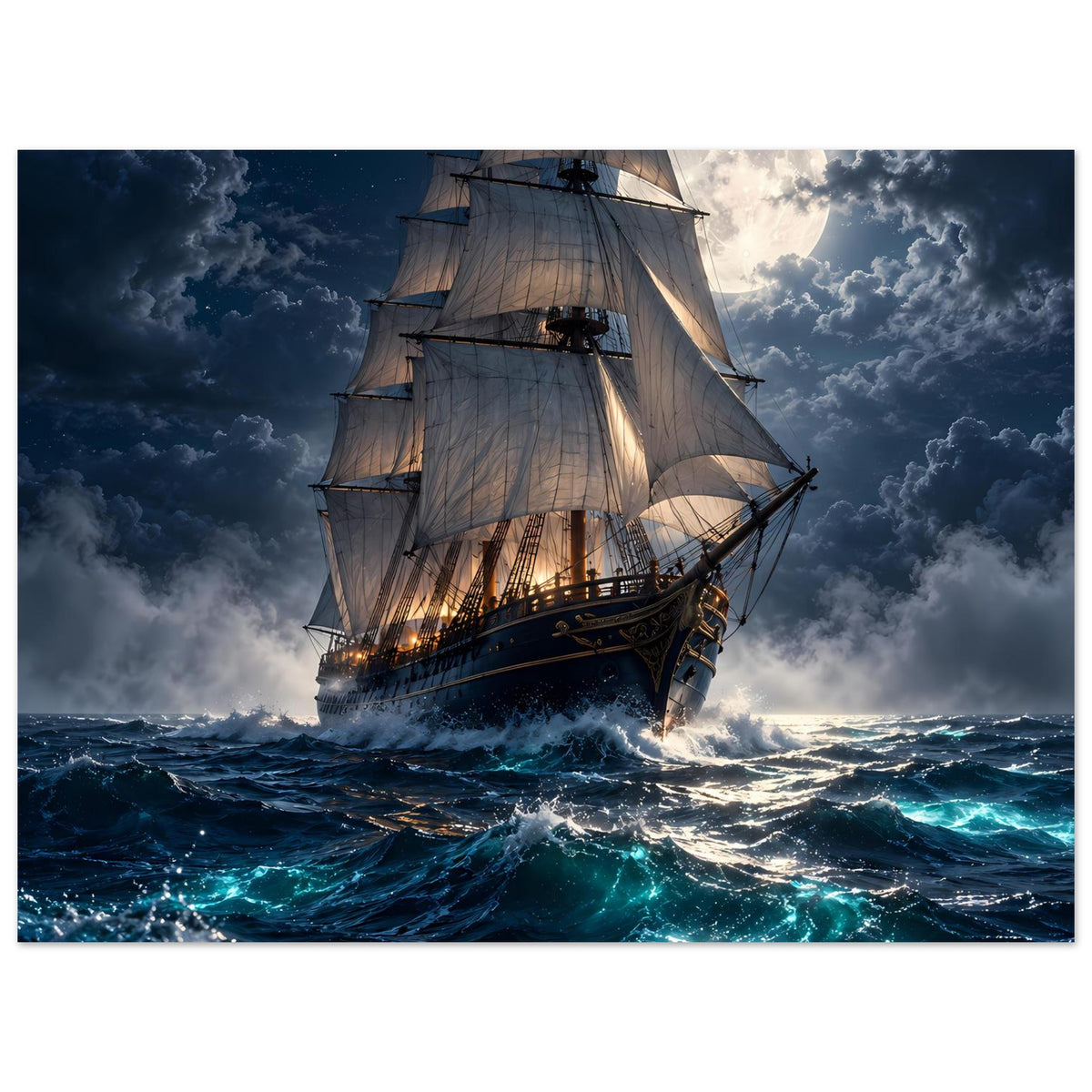 Segelschiff-Poster, Segelboot unter Vollmond und Wolken, Weitblick über See