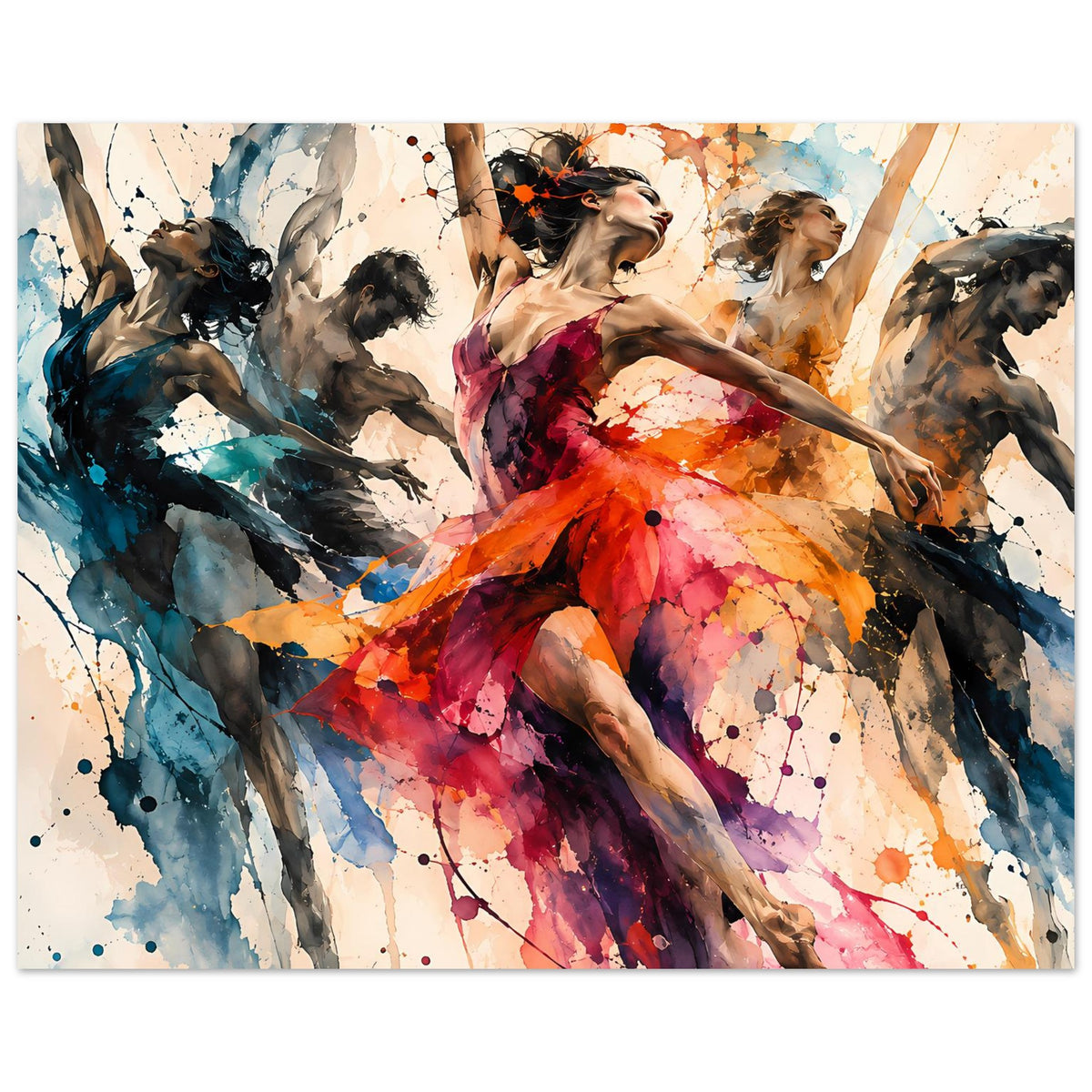 Tanzkunst-Poster im Querformat mit Farbexplosion, Aquarellspritzer und Punkte in Orange, Lila und Blau