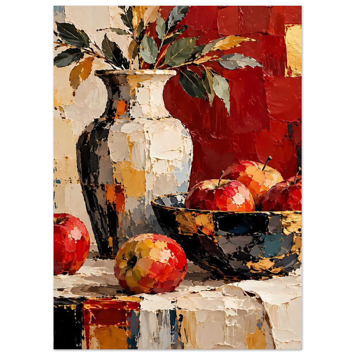 Kunstposter mit Stillleben: Vase und Schale mit roten Früchten auf gestreiftem Tischausschnitt
