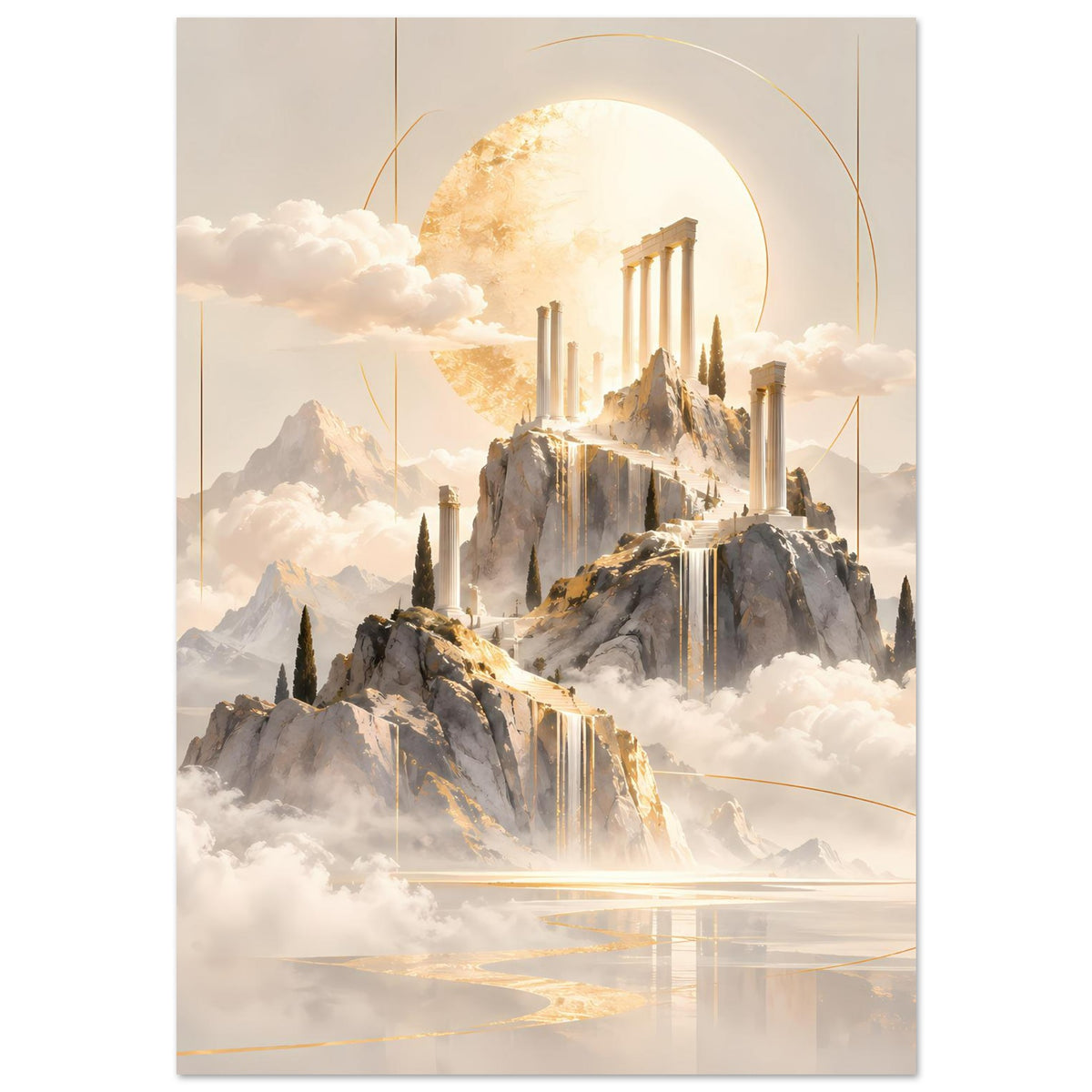 Vertikales Poster mit goldenem Tempel über Felsen, Wasserfällen und Wolken auf mattem Papier