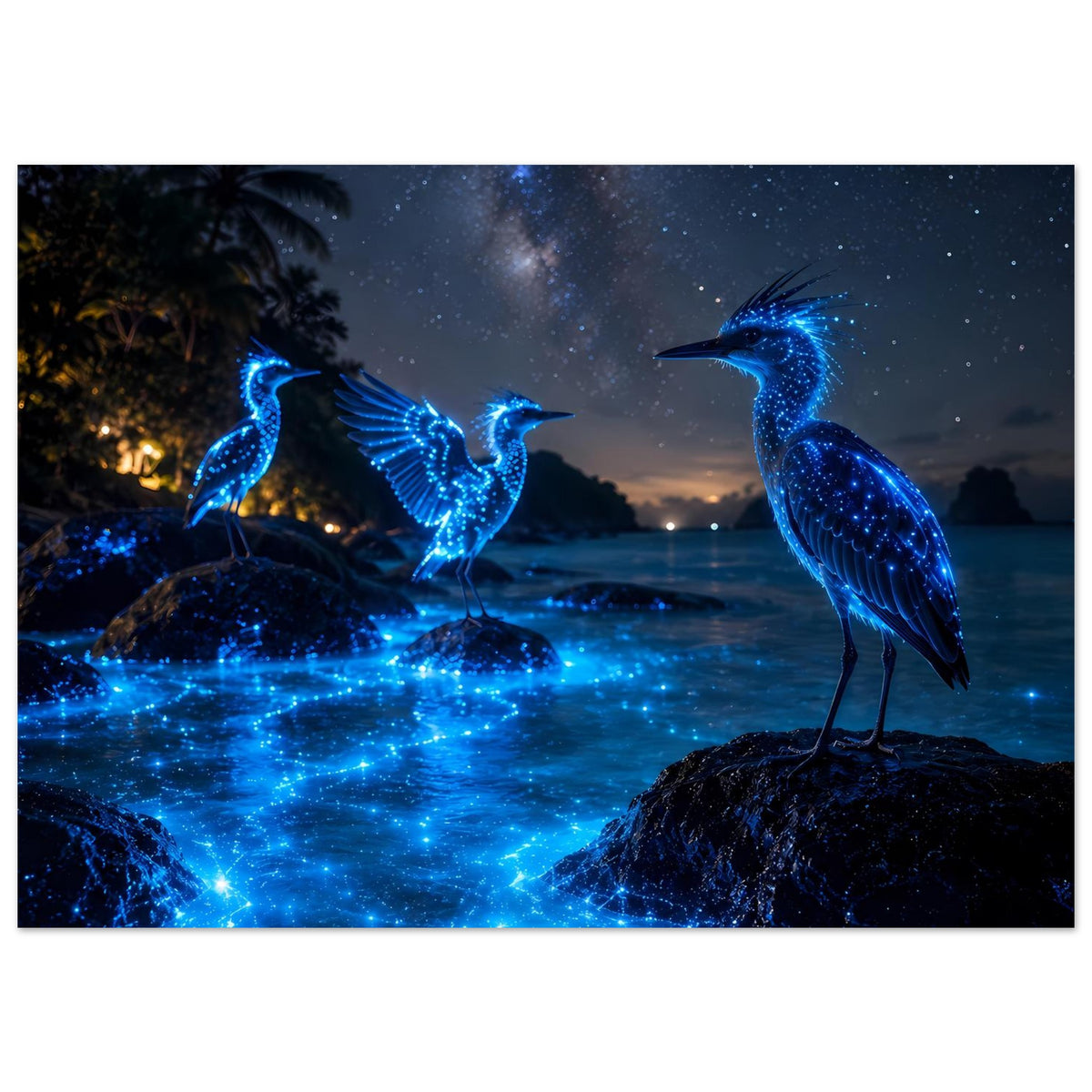 Poster mit drei leuchtenden blauen Nachtvögeln, sternenartige Lichtspuren im Wasser