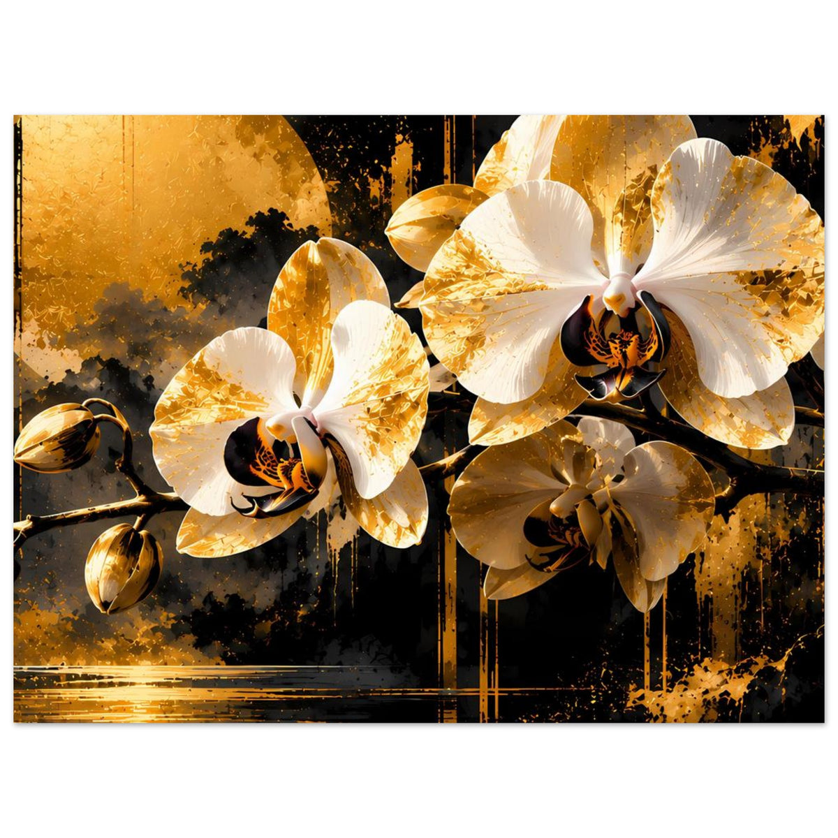 Blumenposter mit goldenen und weißen Orchideen, dunklen Blütenkernen und goldenen Spritzern