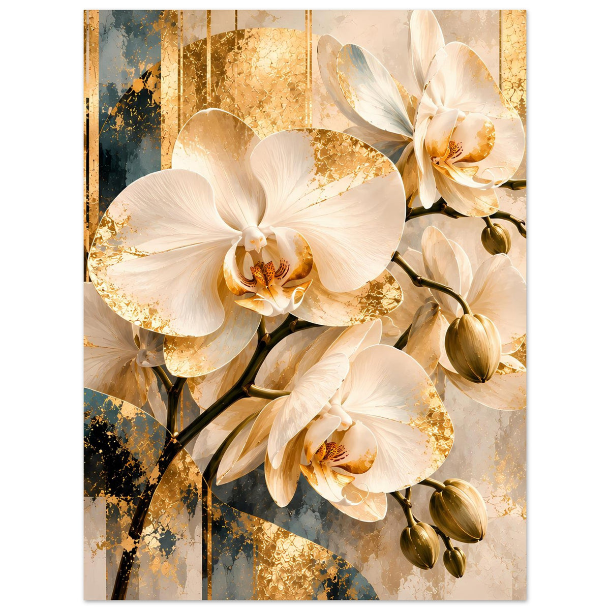 Orchideen-Wandposter mit weißen Blüten und goldglänzenden Effekten, klare zentrale Komposition