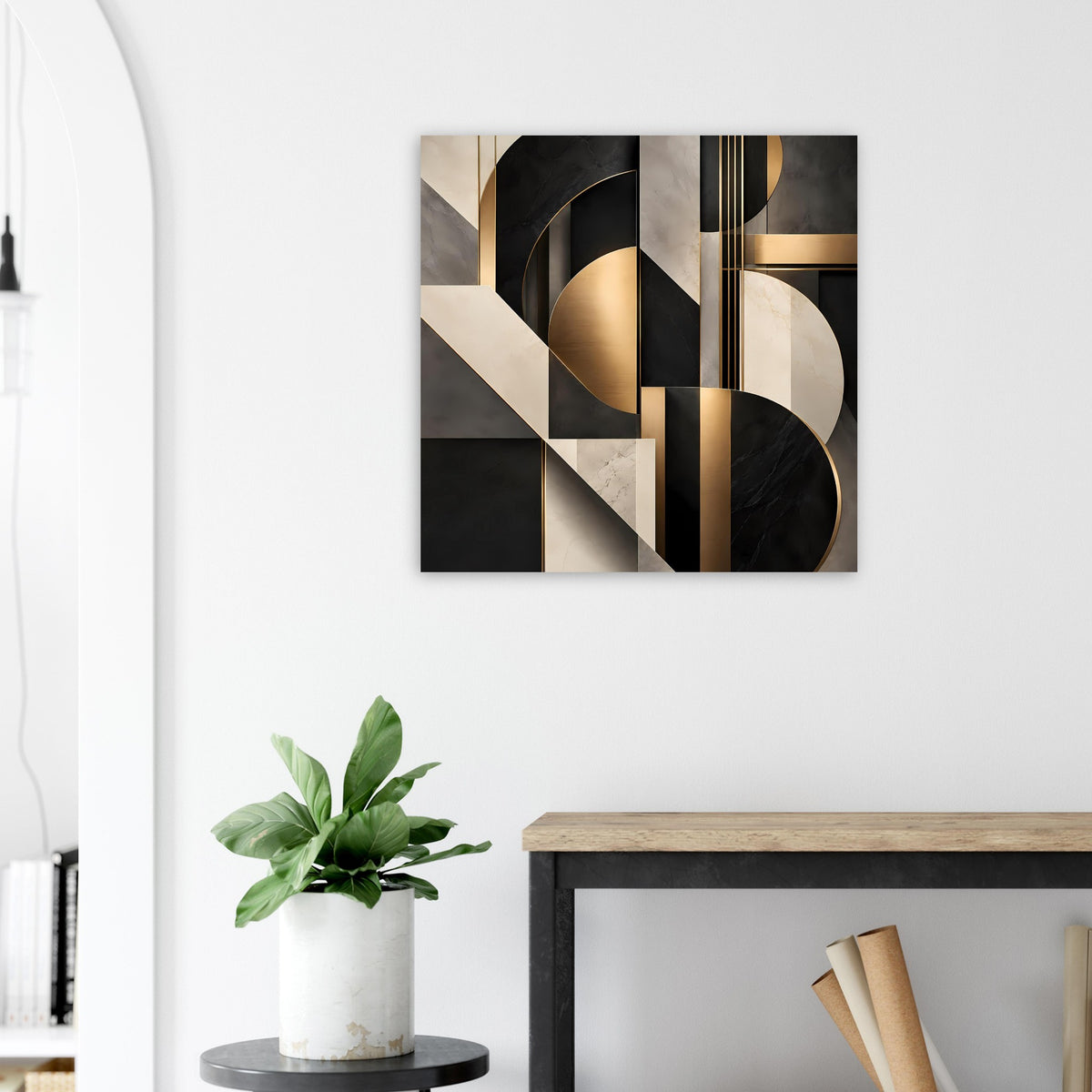 Geometrisches Wandkunstposter mit Goldakzenten, schwarze und beigetönte Rechtecke