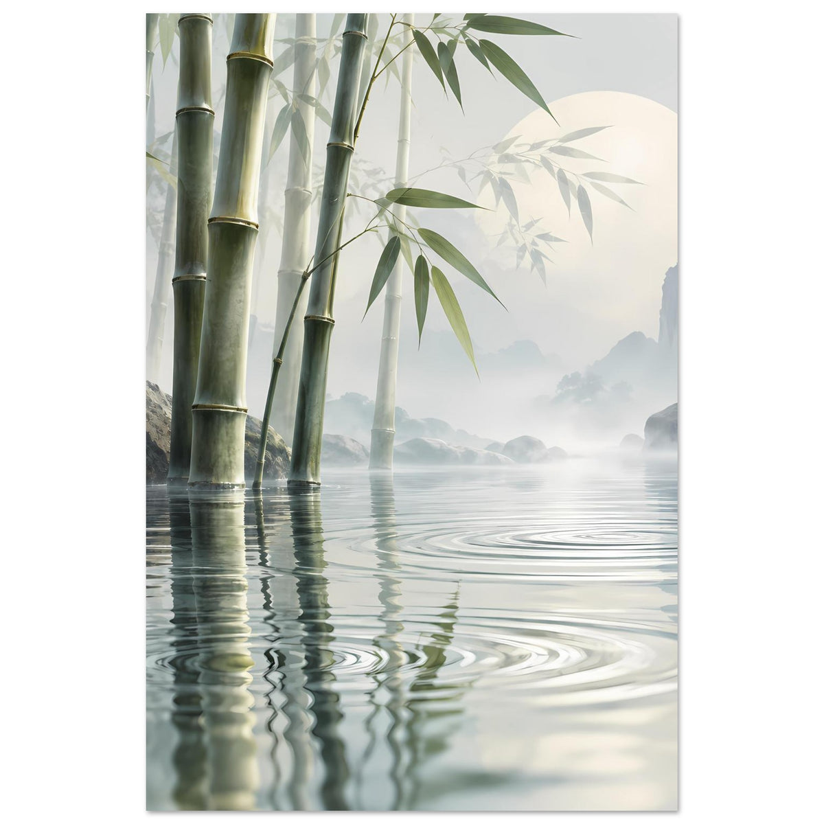 Bambus-Reflexionsposter im Hochformat mit Bambusstämmen und spiegelnder Wasserlinie
