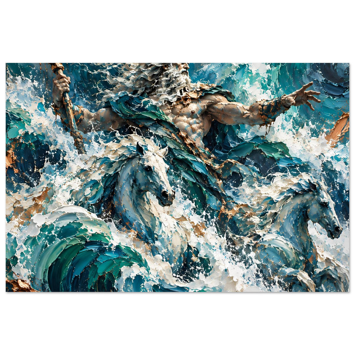 Neptun-Poster im Querformat: Gesicht und Arme der Meeresfigur, umgeben von Gischt