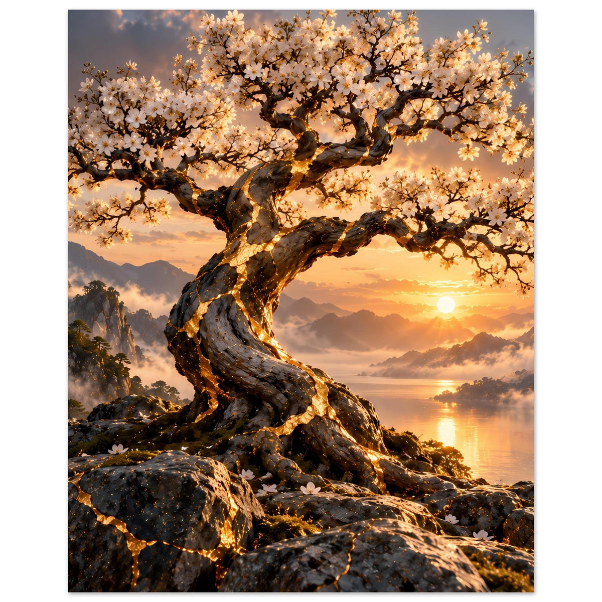 Hochformat-Wandposter: verzweigter blühender Baum mit warmem Licht und Wolken