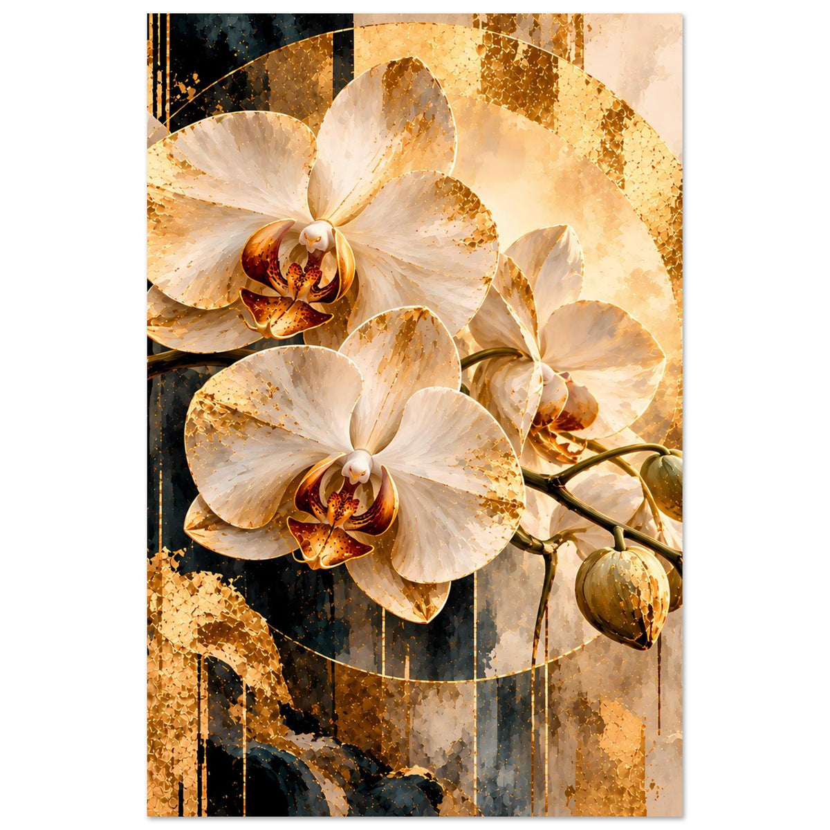 Orchideen-Kunstposter: cremefarbene Orchideen mit goldenen Akzenten und rankenden Zweigen