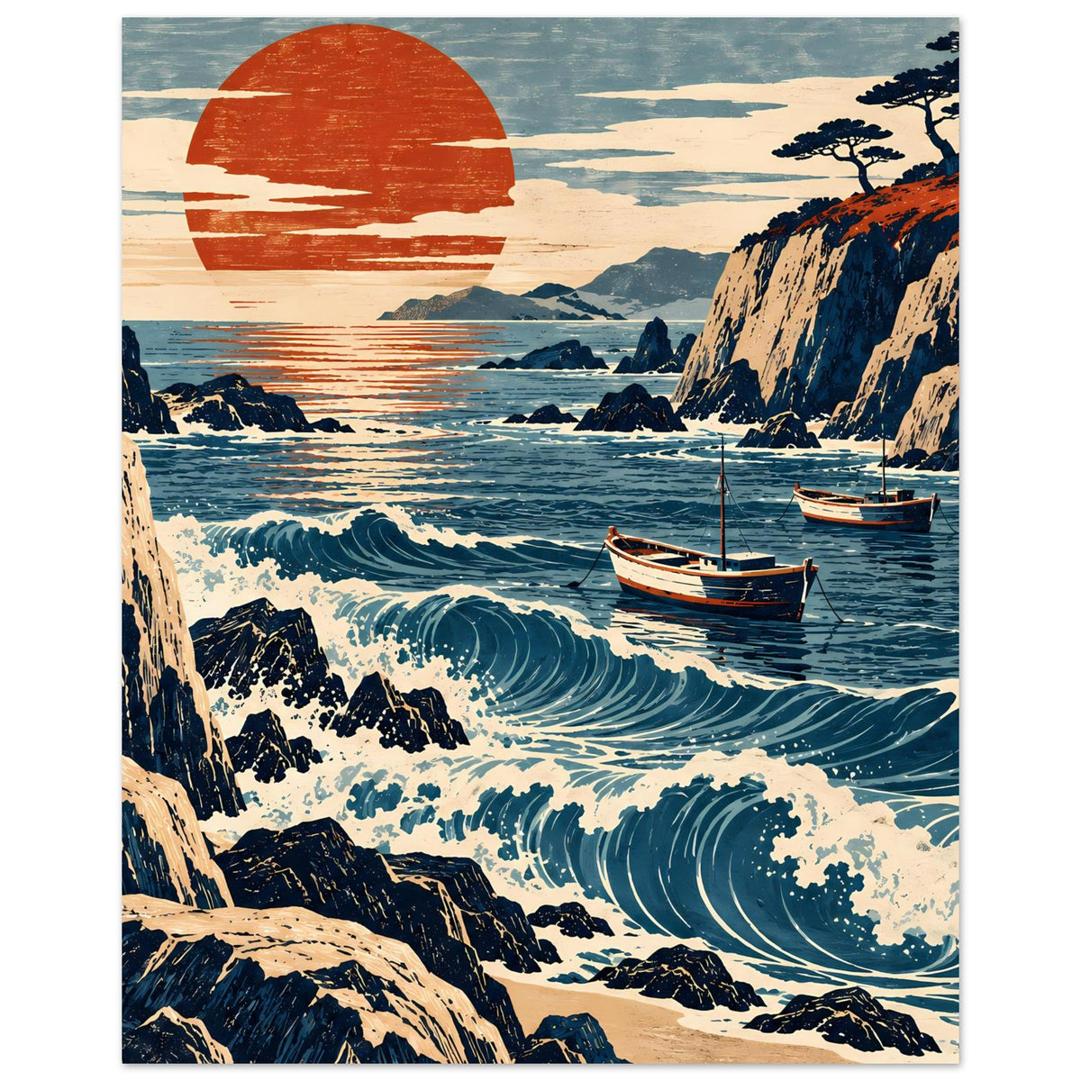 Meerblick-Poster im Hochformat mit Wellenverlauf, Felsen, Segelbooten und roter Sonne