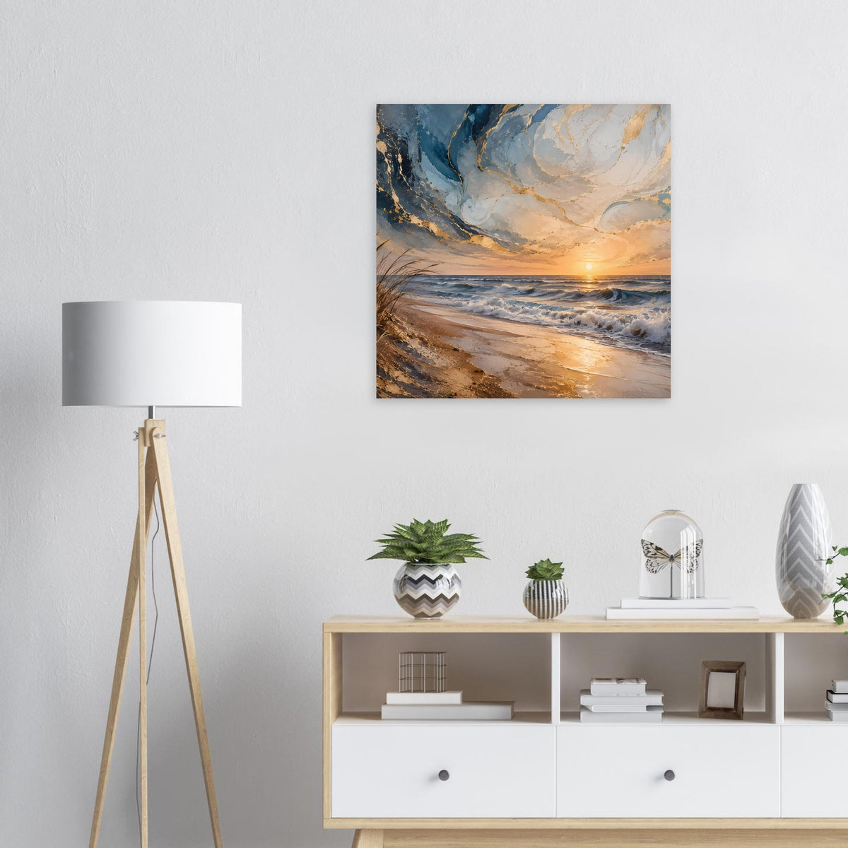 Quadratisches Poster mit Strand und Meereswellen im Sonnenuntergang, Holzrahmen
