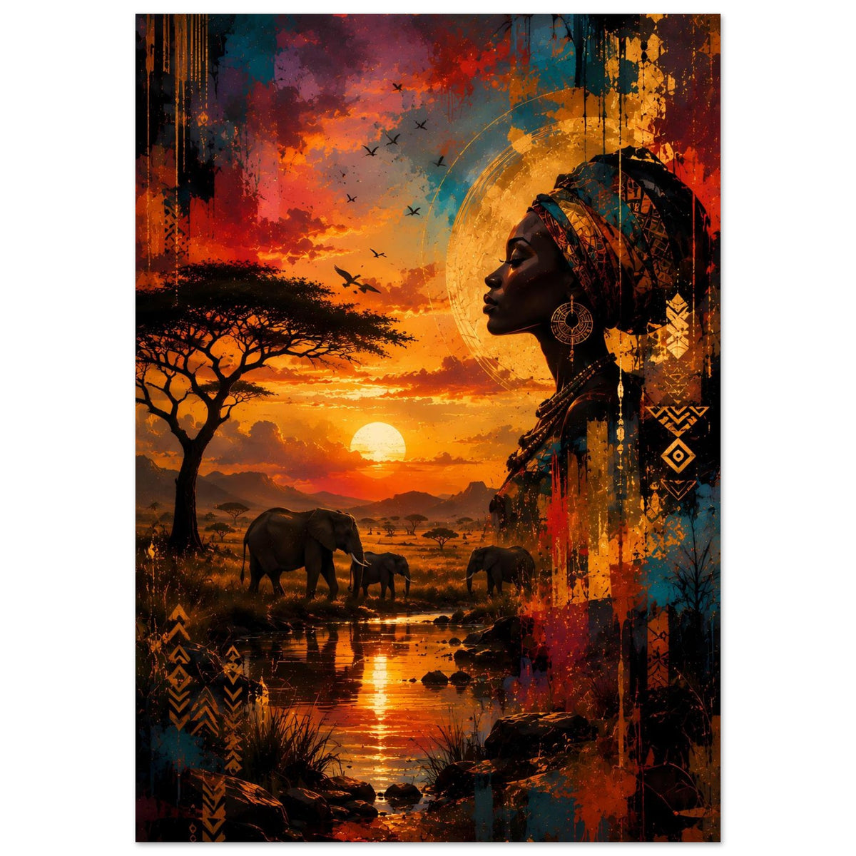 Poster mit afrikanischer Frau im Profil, Schmucktuch und Elefanten nahe Wasserstelle