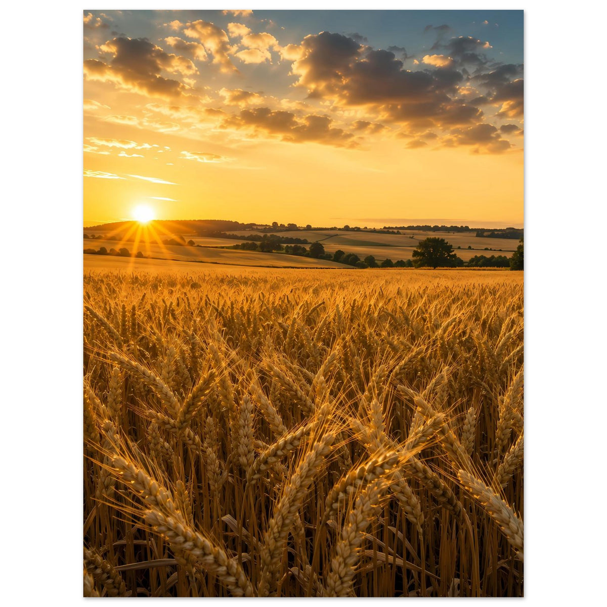 Wandposter Sonnenaufgang über Weizenfeld, goldene Ähren und lichter Himmel