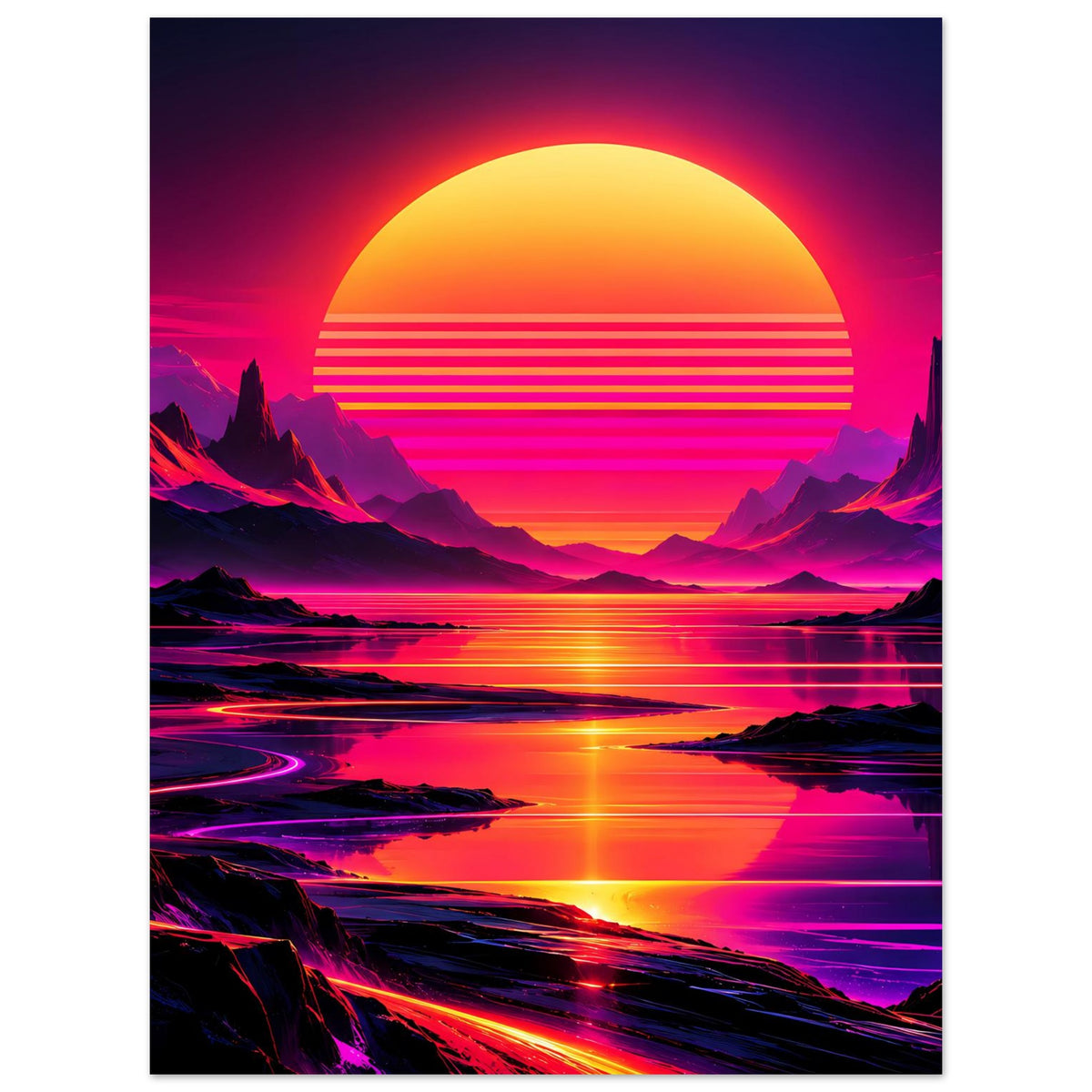 Neon-Kunstdruck mit Sonnenuntergang über Bergen und Wasser, vertikal, mit schwarzem Rahmen