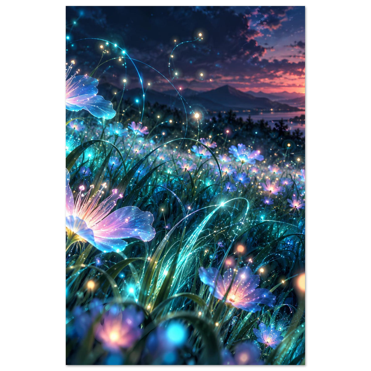 Vertikales Poster: leuchtende blaue Blüten, viele Lichtpunkte und dämmriger Horizont