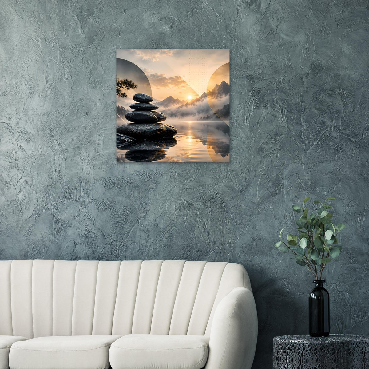 Quadratisches Wandposter mit Steinhaufen, Sonnenaufgang und spiegelndem Wasser