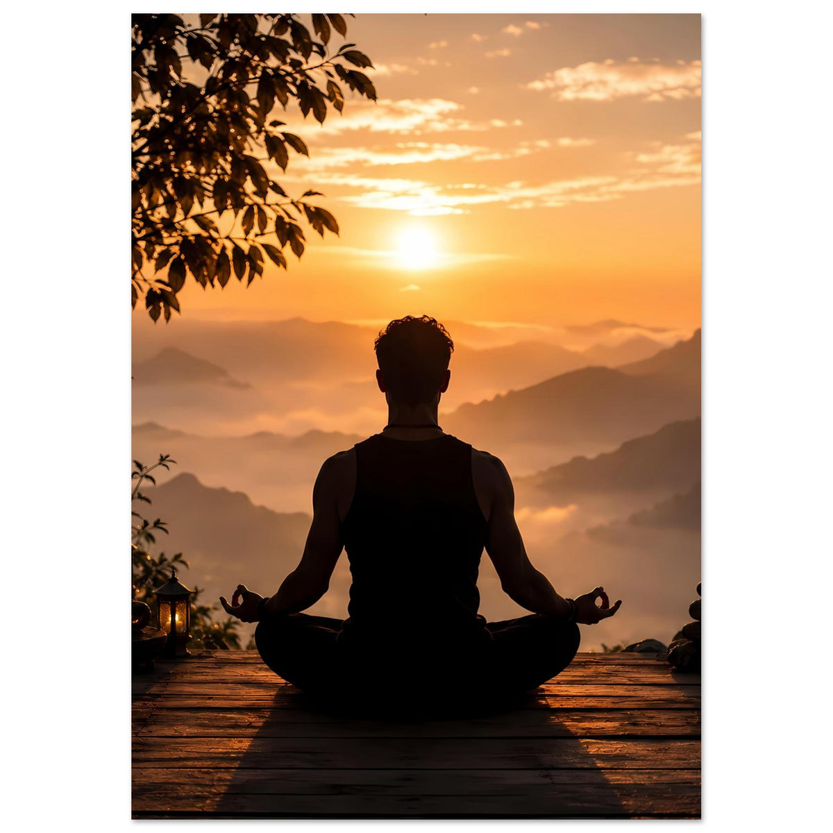 Gerahmtes Meditationsposter (Hochformat) mit Lotus-Silhouette bei Sonnenuntergang