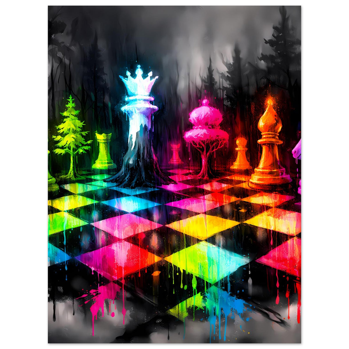 Schachspiel-Poster (Hochformat) mit leuchtenden Figuren in Blau, Pink, Orange und Schachbrett