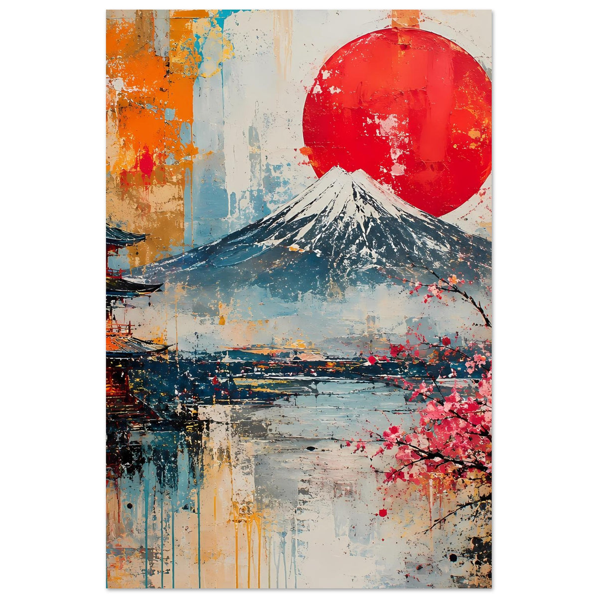 Japanisches Poster mit Fuji, roter Sonnenscheibe und Kirschblüten, vertikale Ansicht