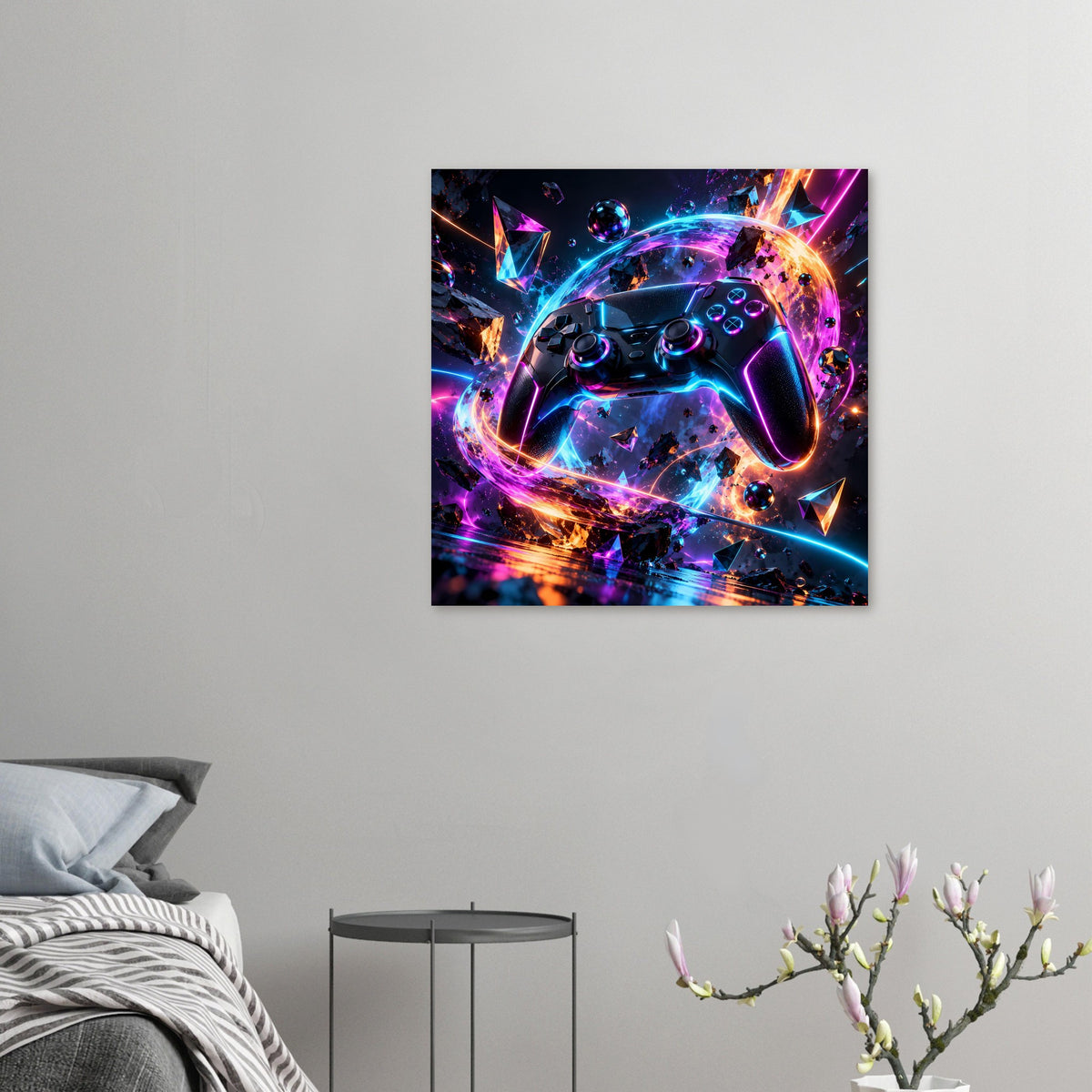 Kleines Neon-Poster: Gaming-Controller mit buntem Lichtkranz und abstrakten Formen