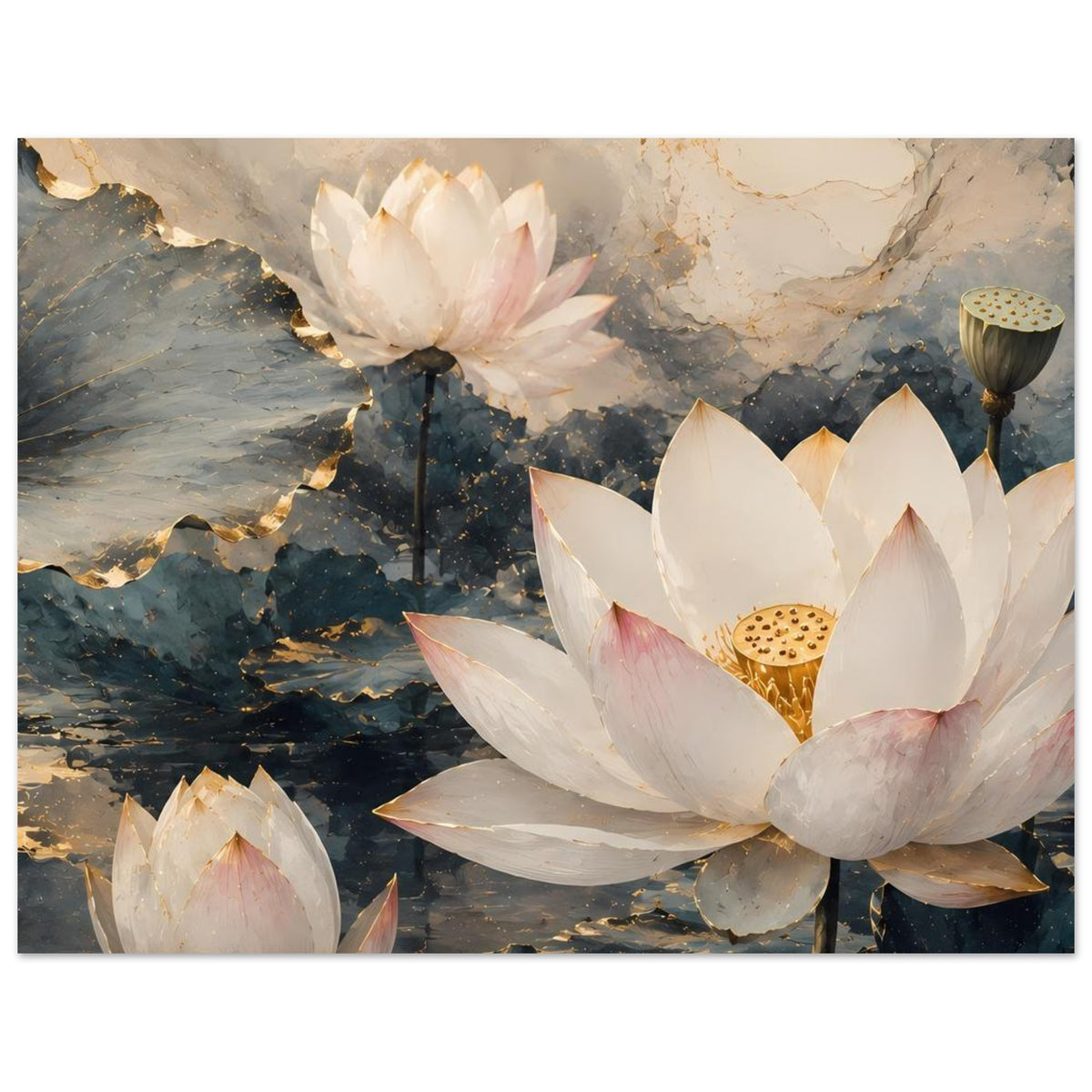 Lotusblumen-Poster, breites Motiv mit weißen Seerosenblüten und goldener Blütenmitte