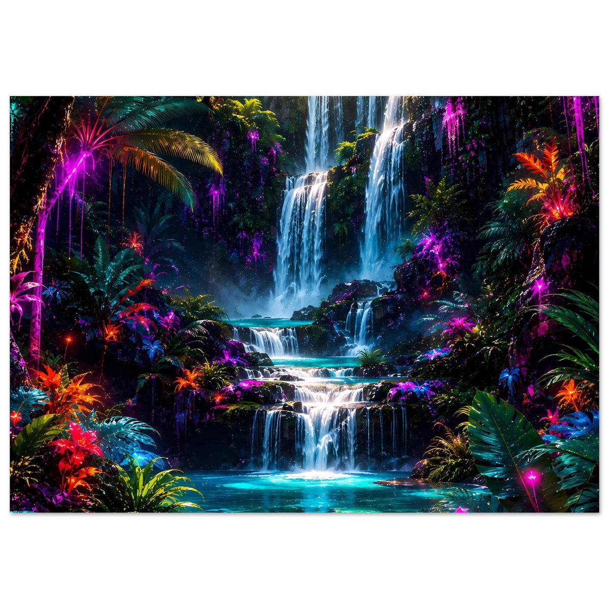 Poster im Querformat mit Regenwald-Wasserfall, intensiven Neonfarben und farbigen Blättern.