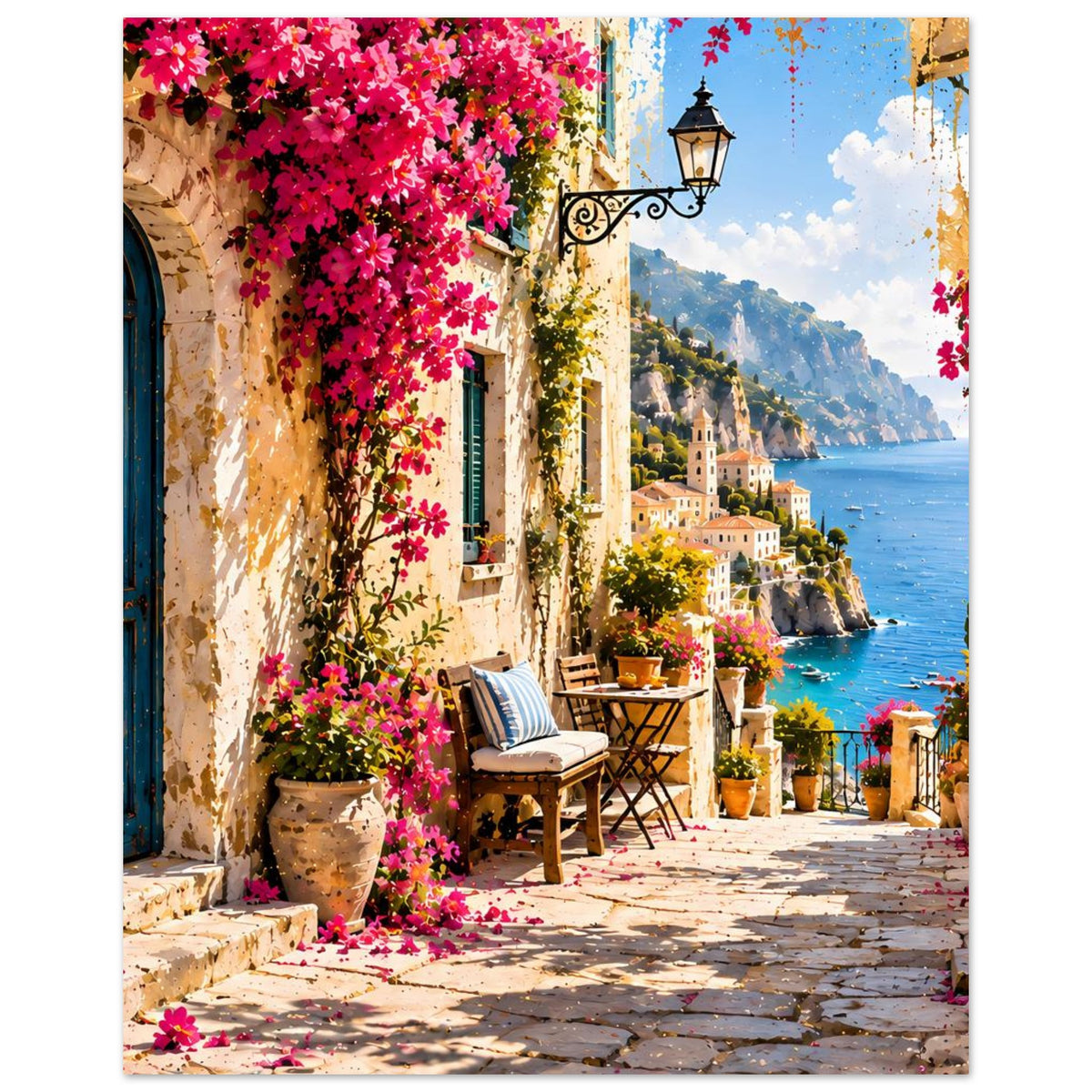 Poster: Küstenallee mit pinken Blüten, Laterne, Blumenkübeln und Wasser im Hintergrund