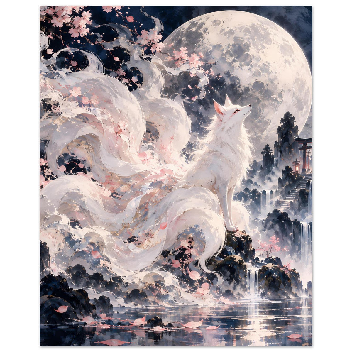 Fantasy-Poster: weißer Fuchs, Vollmond, Kirschblüten und Spiegelung im Wasser