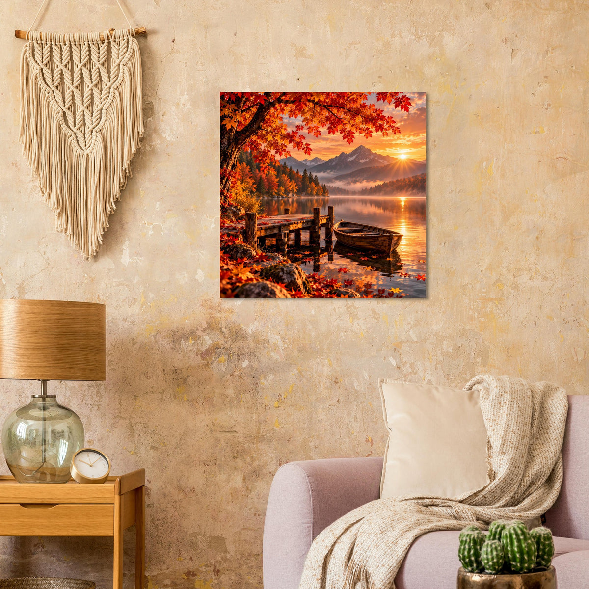 Herbstliches Landschaftsposter mit See, Steg und Boot bei Sonnenuntergang