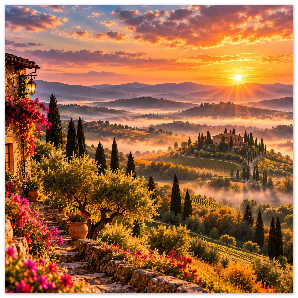 Poster mit toskanischer Landschaft bei Sonnenuntergang, Balkon links, Blumen, Zypressen und Sonne