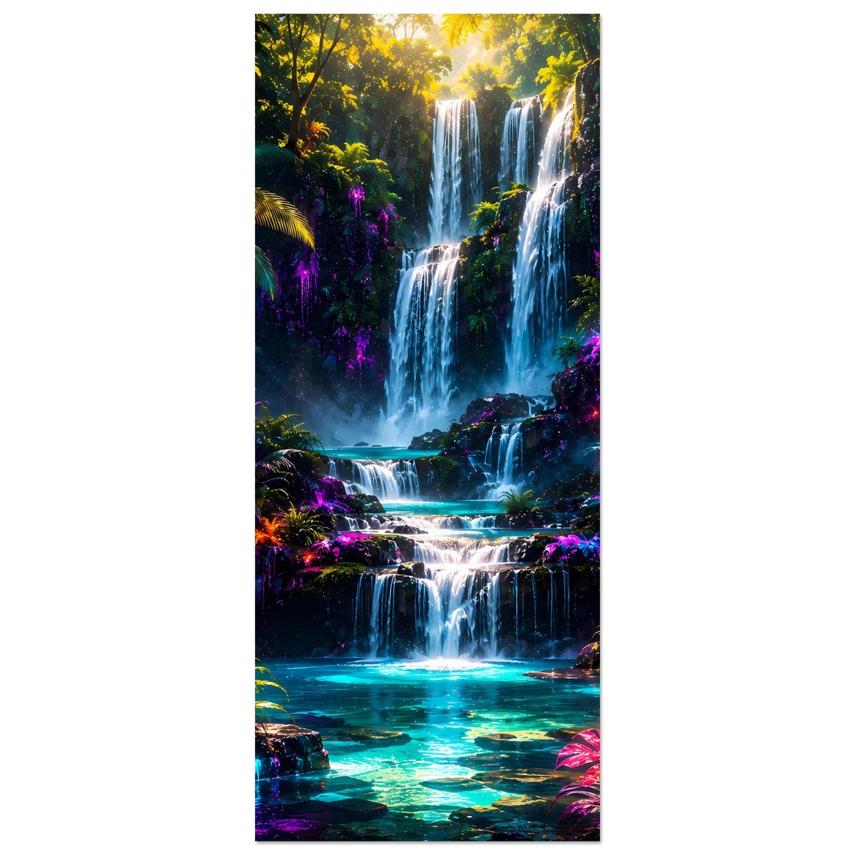 Hochformatiges Poster mit tropischem Wasserfall, leuchtenden Pflanzen und bunten Lichtern