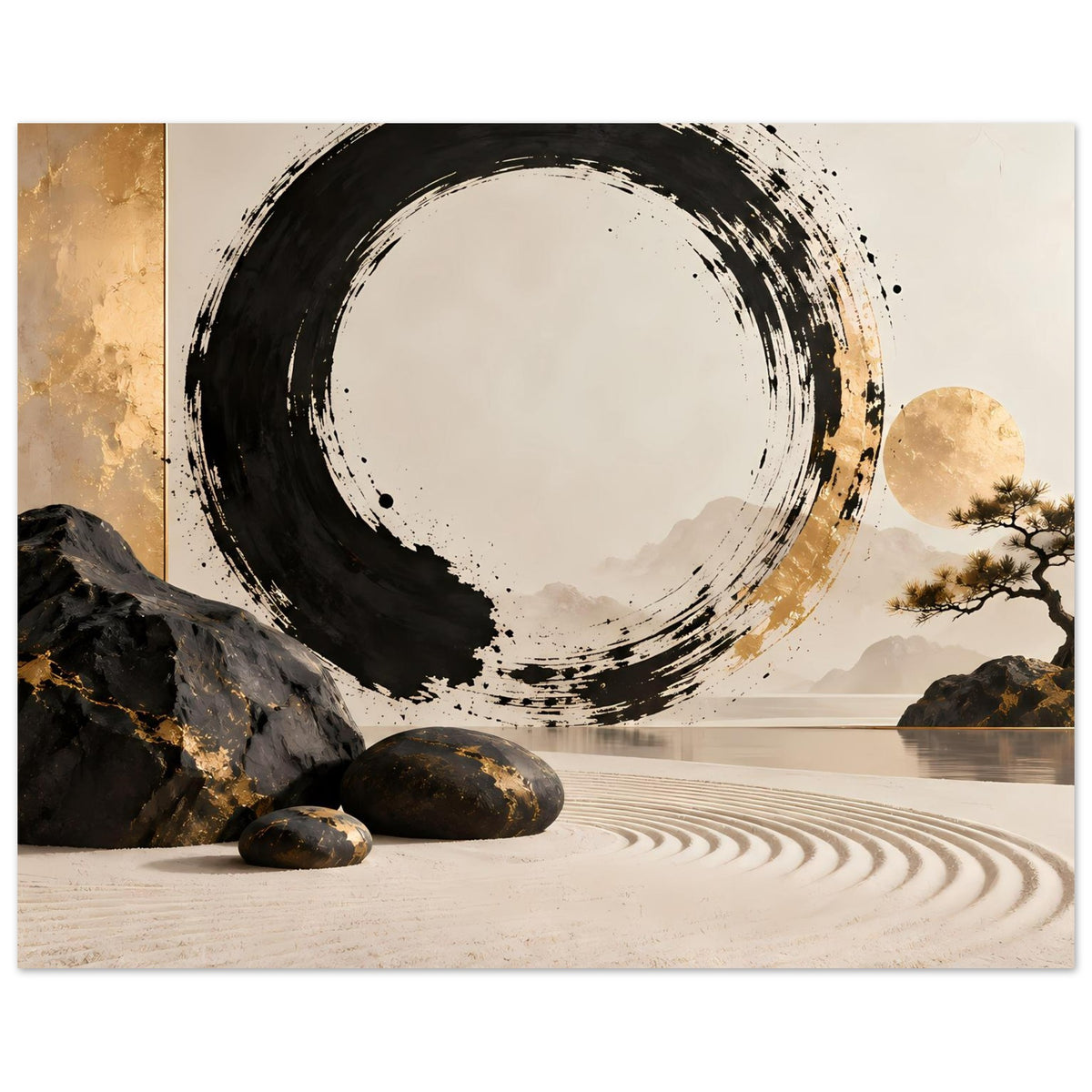 Schwarz-goldenes Zen-Wandbild mit schwungvollem Pinselstrich