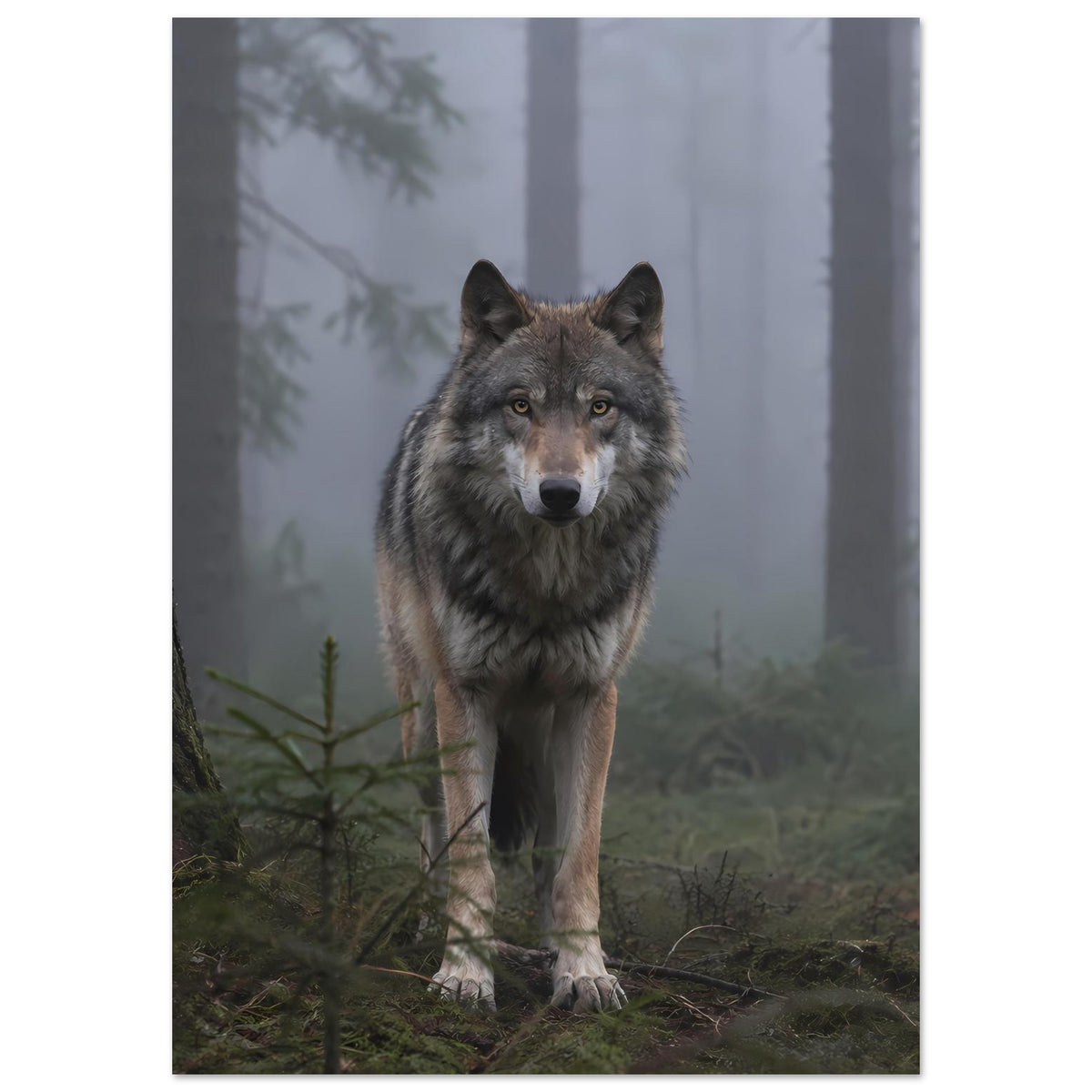 Wolfsplakat im Hochformat: grauer Wolf mit geöffnetem Blick, Nebelwald im Hintergrund