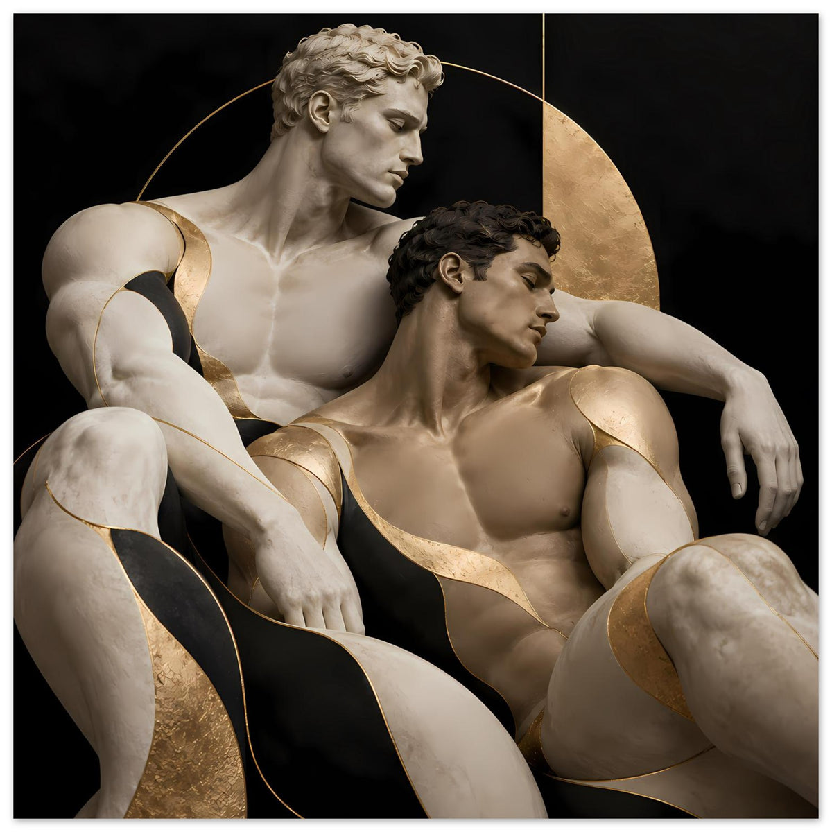 Vertikales Poster mit Aktfiguren im Profil, schwarzer Hintergrund und goldene Halbkreisverzierung