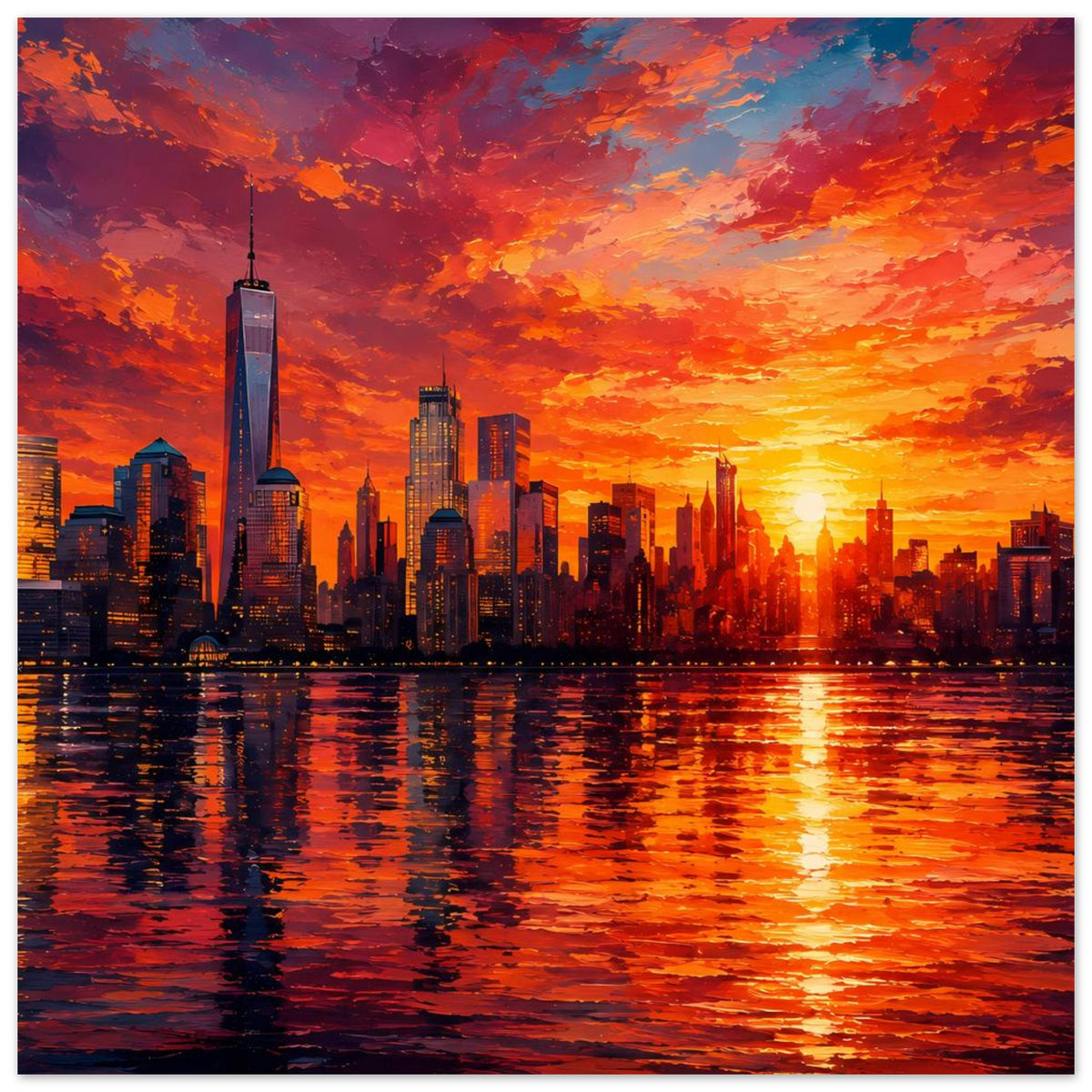 Poster mit New York Skyline und One World Trade Center im strahlenden Sonnenuntergang über der City