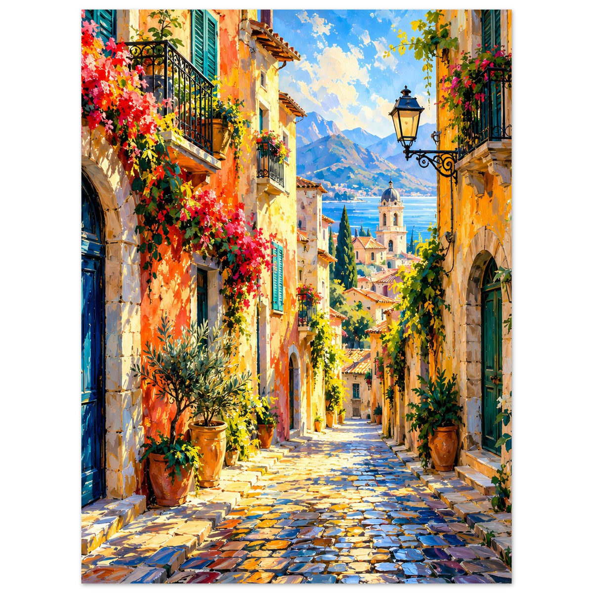 Kunstposter mit Aussicht in eine mediterrane Gasse, üppige Blumenranken, Pflanzkübel und Himmel