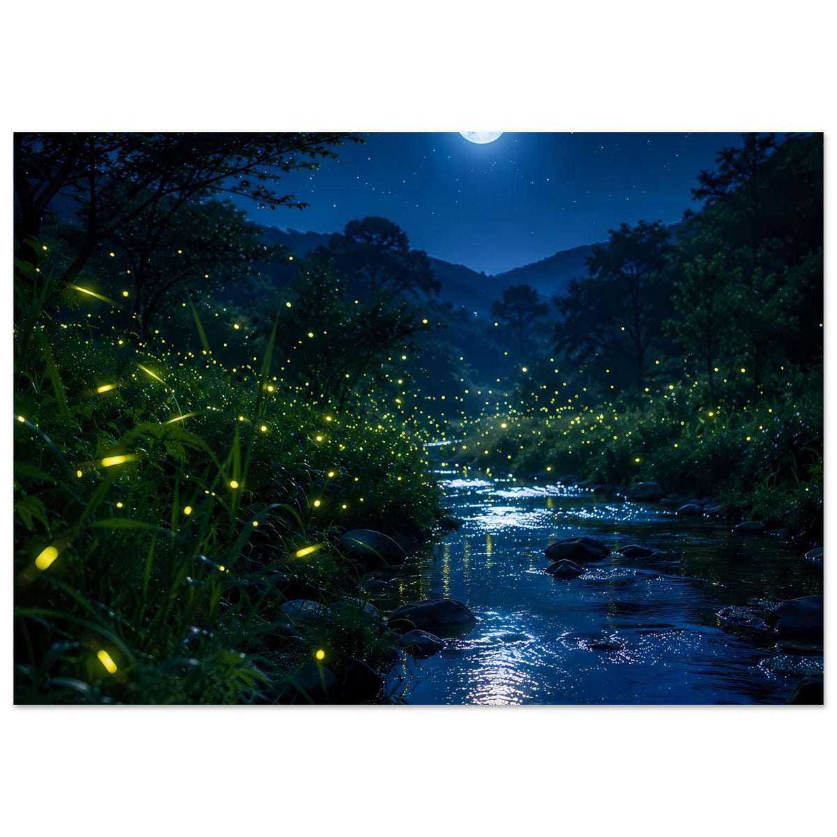 Querformat-Wandposter: Mondlicht über dem Fluss im Wald, umgeben von Glühwürmchen