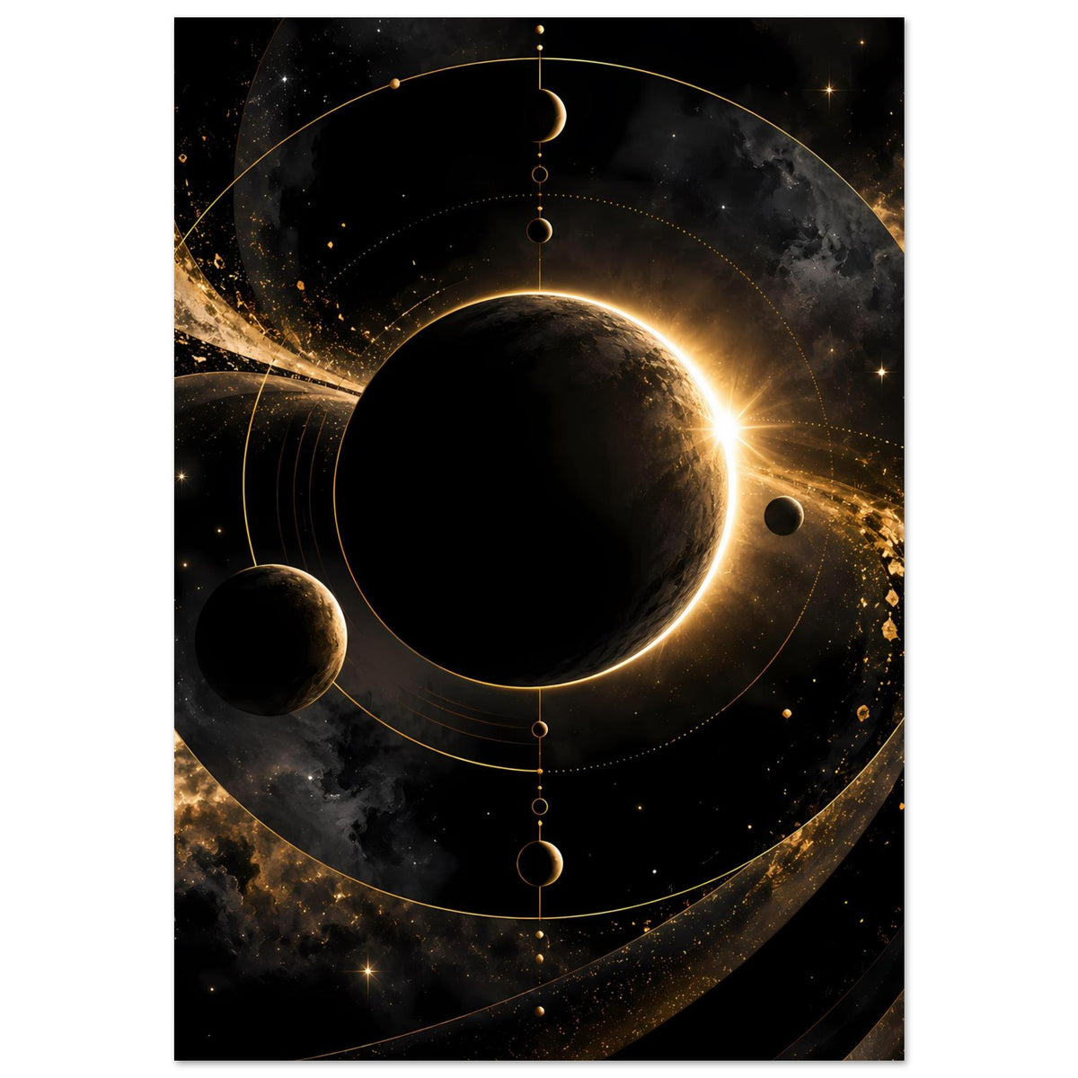 Weltraum-Poster mit schwarzem Planeten, goldenem Randlicht und dünnen Bahnen