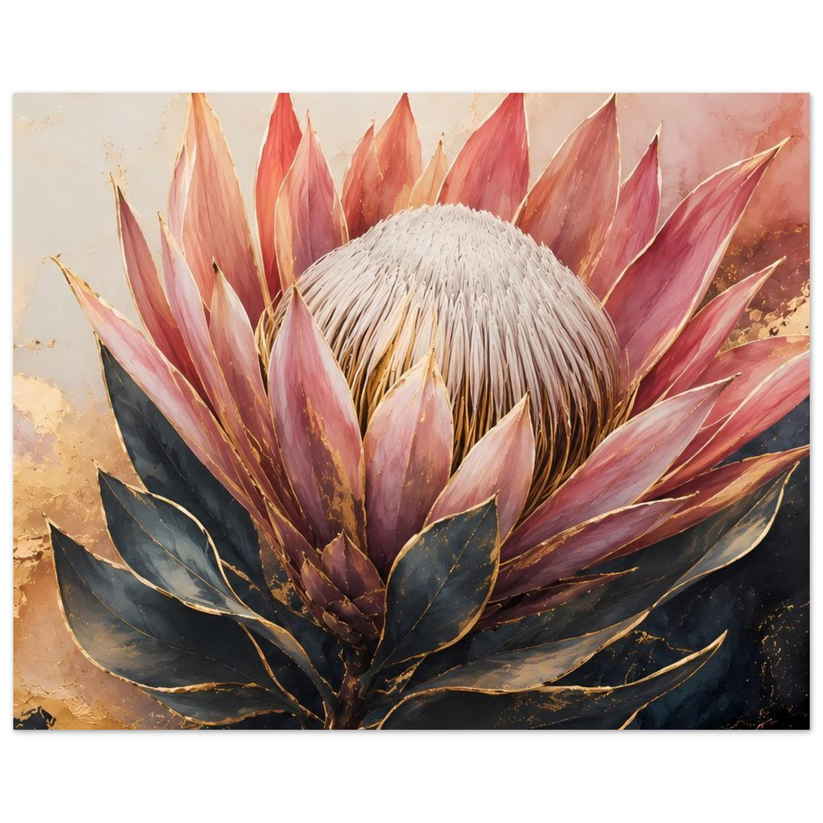 Botanisches Poster mit Königsprotea in Altrosa & Gold, weißer Blütenkopf, dunkle Blätter