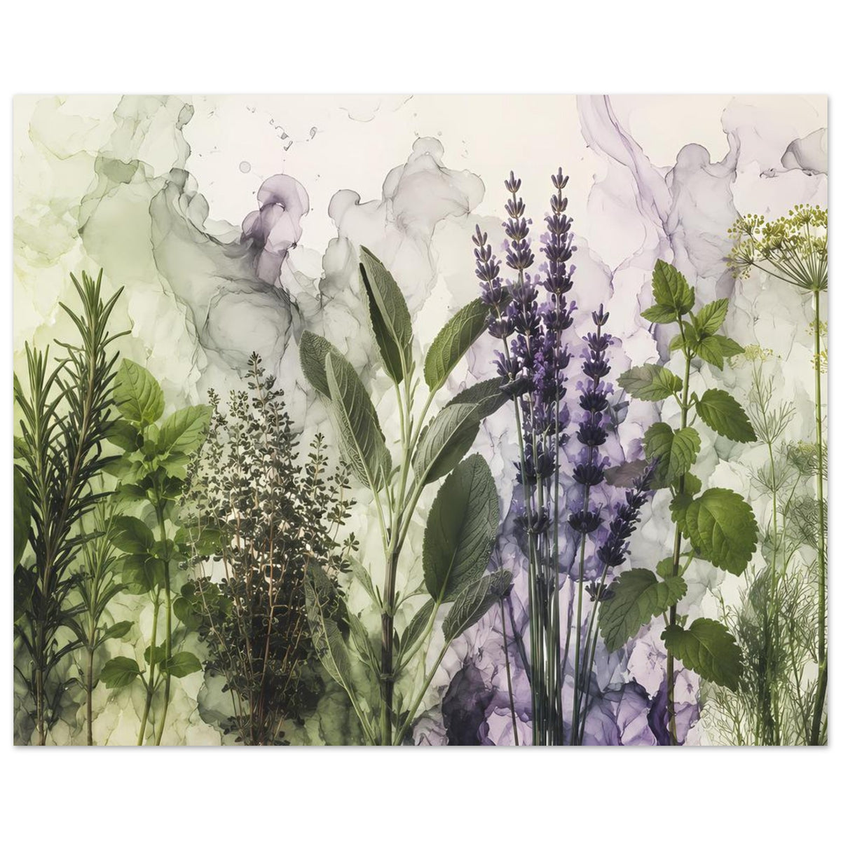 Aquarellposter mit Lavendelrispen, Kräuterstängeln und grünen Blättern